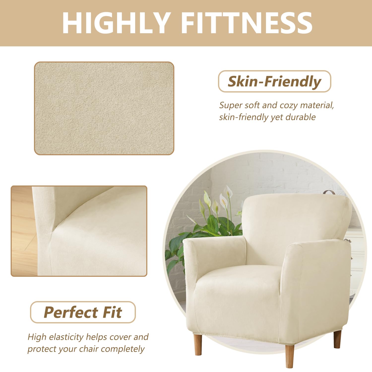 Luxury Velvet Stretch Armchair Slipcover - Anti-Slip Pet-Friendly Furniture Protector for Living Room Club Chairs | Soft & Durable Banquet Chair Cover for Home, Office, and Event Decor (Beige)