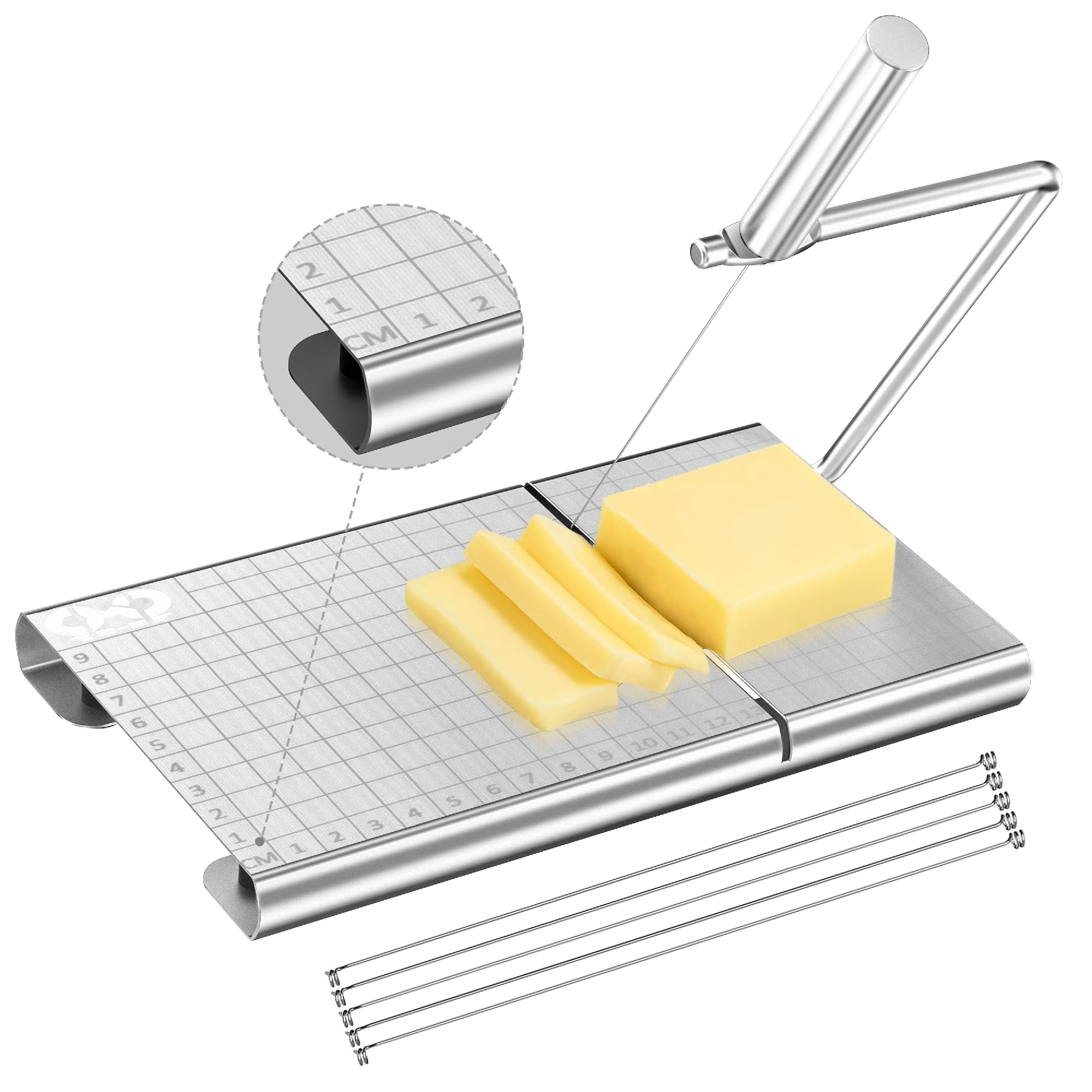 Premium Stainless Steel Cheese Slicer with 5 Replacement Wires - Perfect for Block Cheese, Westmark Cheese, Thin Slices, Butter & Hams | Ideal for Kitchens, Delis, Charcuterie Boards & Cheese Platters