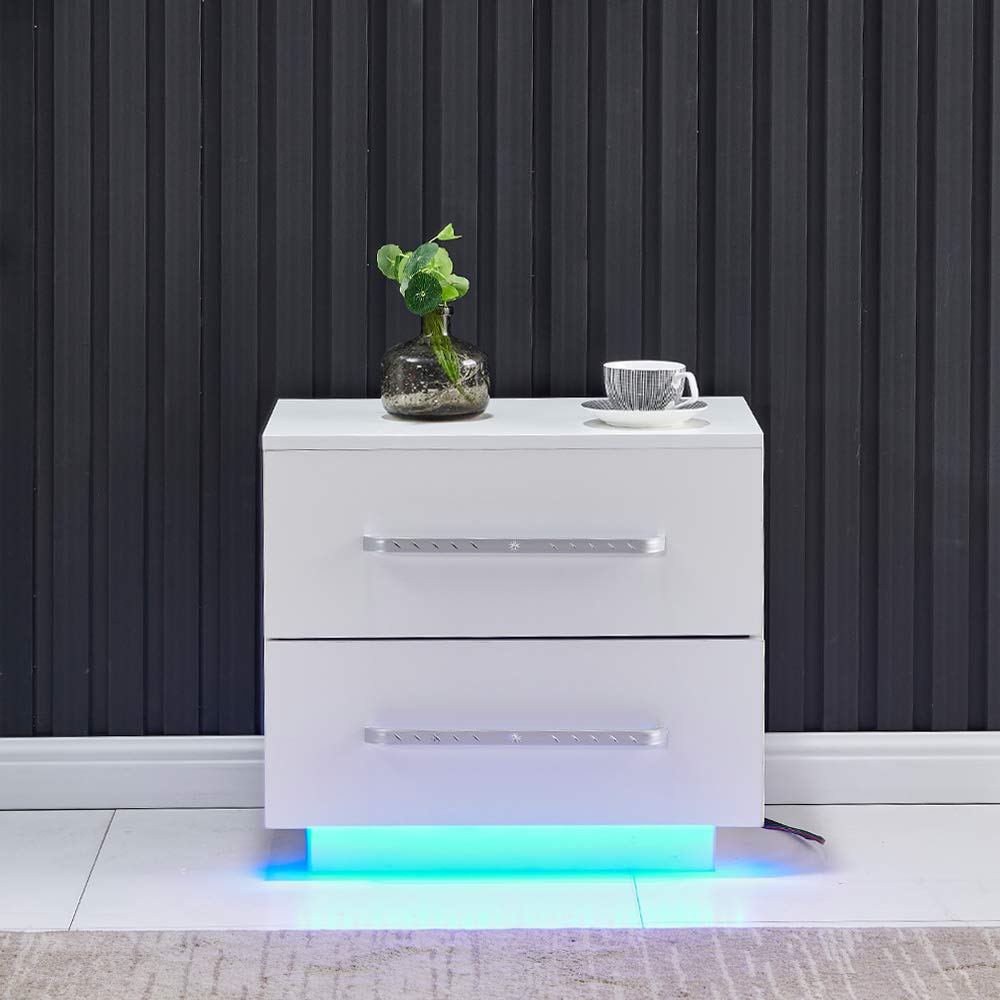 White Glossy Nightstand with 2 Drawers & LED Lights - Bedroom Side Table for Small Spaces