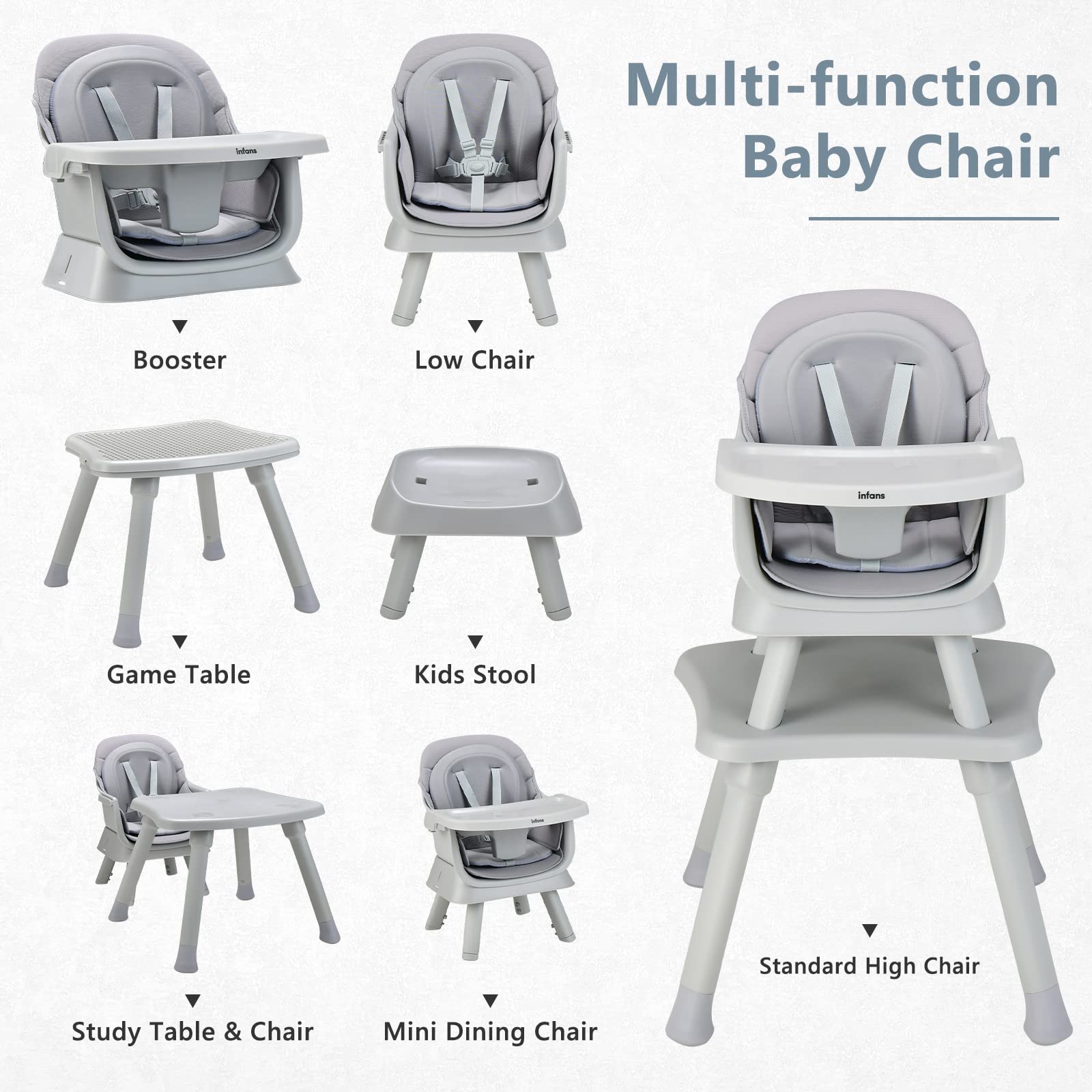 INFANS 8-in-1 Convertible Baby High Chair & Toddler Booster Seat with Removable Tray - Multifunctional Dining, Play & Learning Table for Infants - Perfect for Mealtime, Playtime & Building Blocks Activities