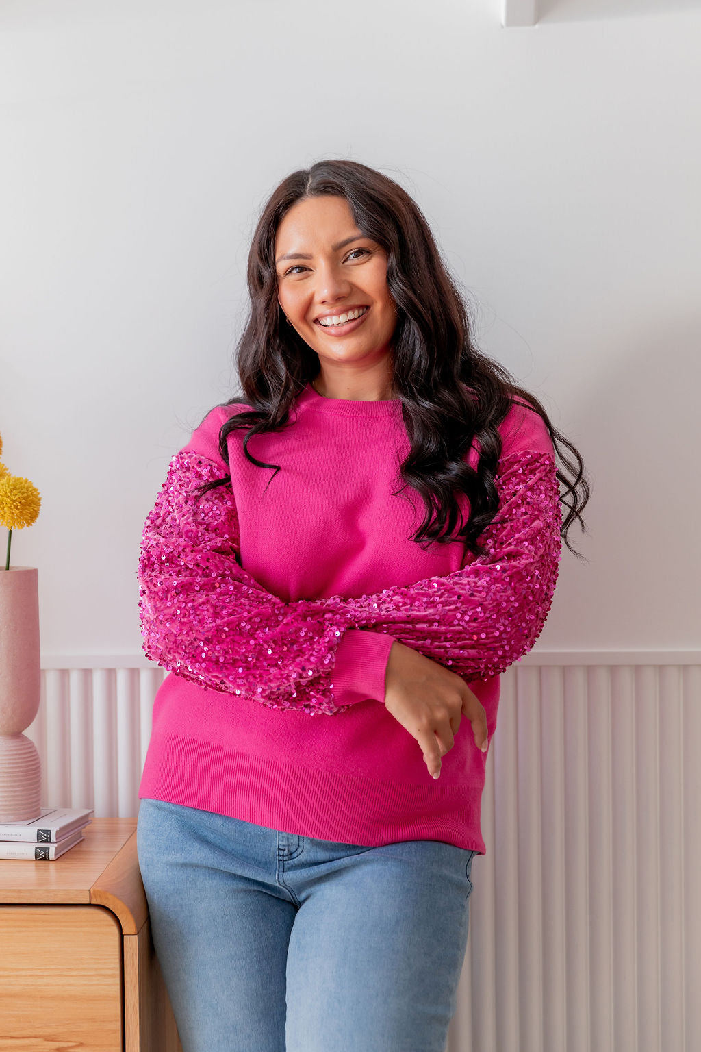 Stylish Pink Glam Knit Sweater for Women - Cozy & Fashionable Winter Outfit for Casual Wear & Date Nights