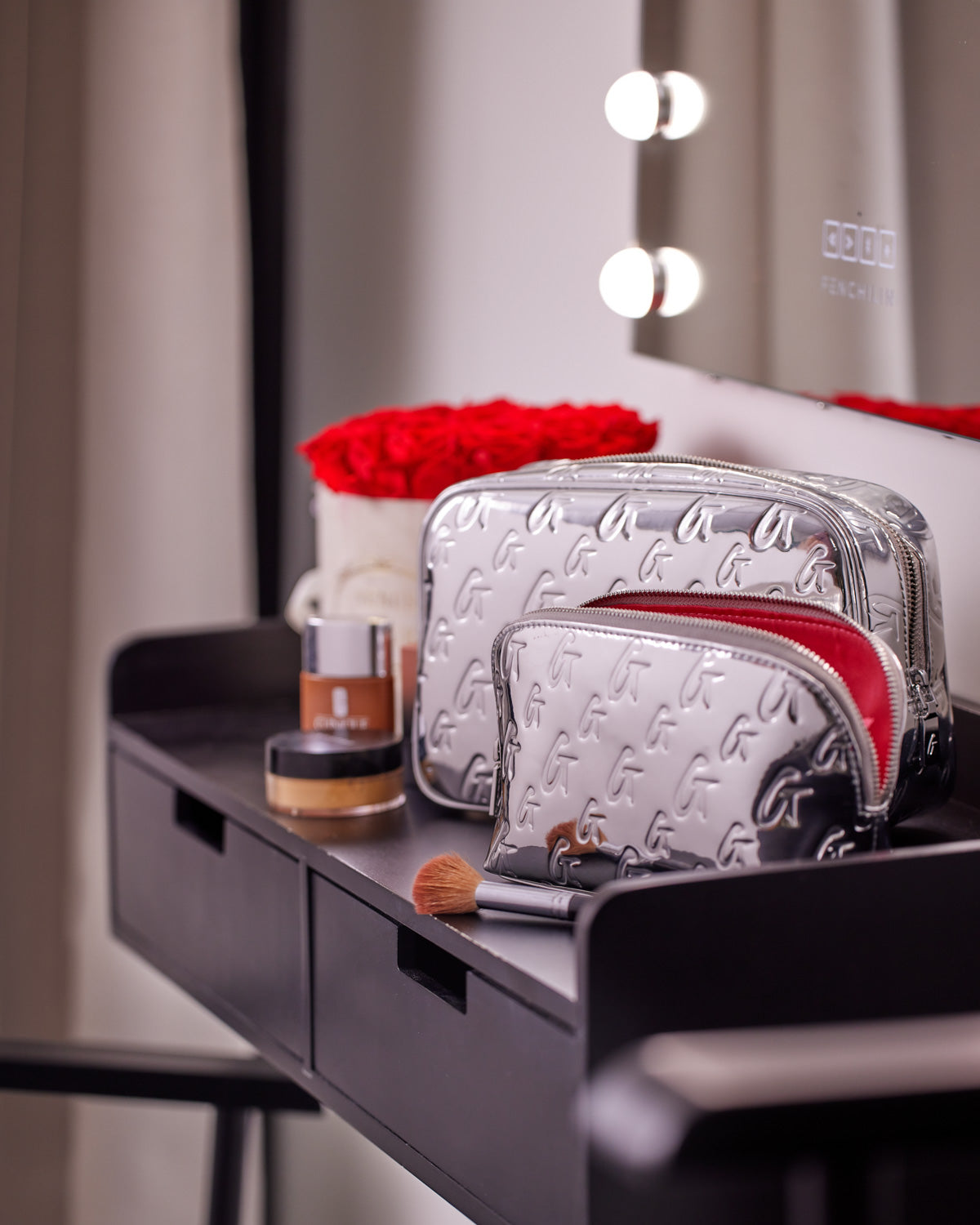 Small Metallic Monogram Toiletry Bag - Silver Travel Cosmetic Case for Women & Men - Perfect for Gym, Vacation, and Business Trips