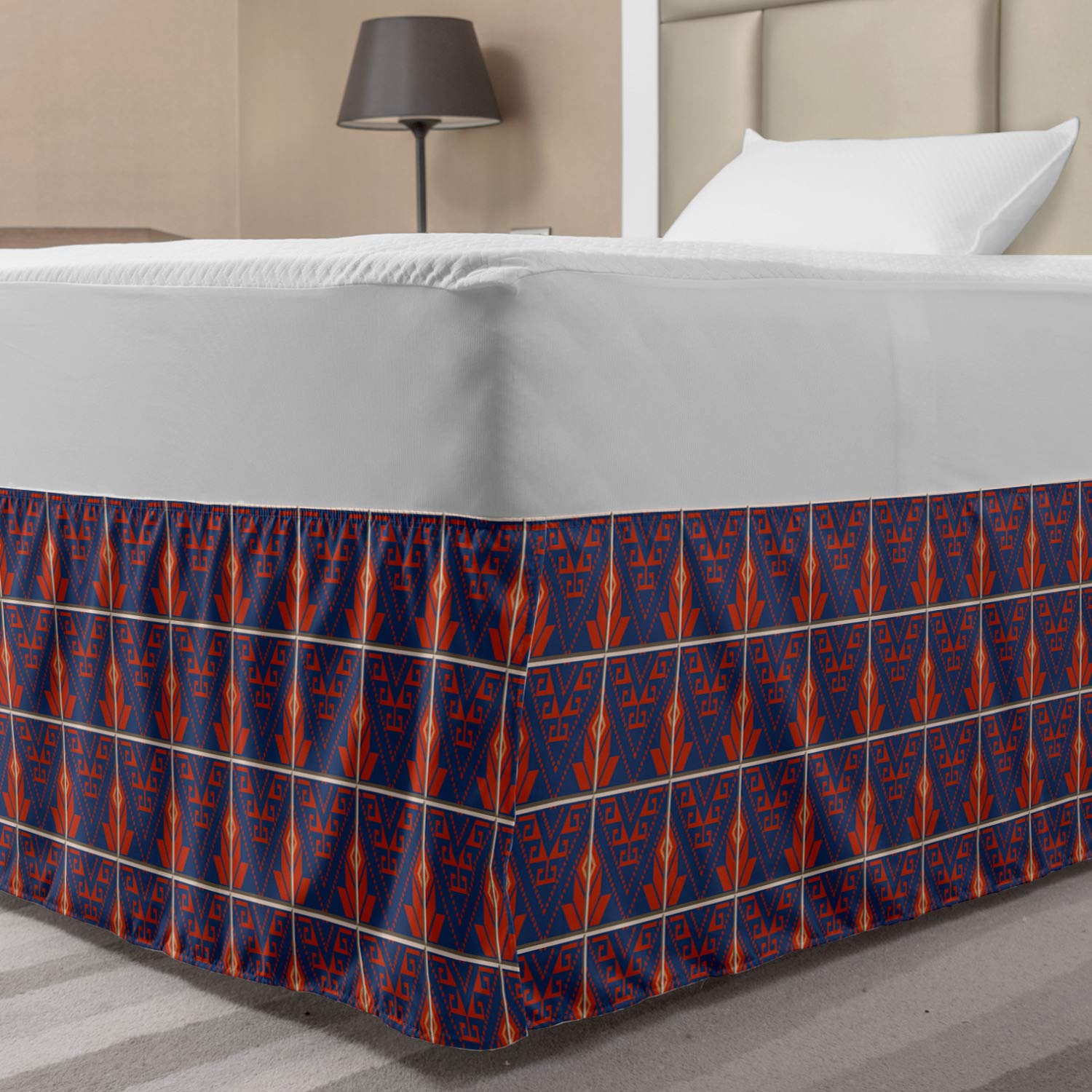 Ambesonne Antique Oriental Bed Skirt with Bohemian Flower Petal Pattern - Elastic Wrap Around Full Size Bedding in Violet Blue Vermilion for Bedroom Decor | Perfect for Guest Rooms, Master Bedrooms & Vintage Style Home Decor