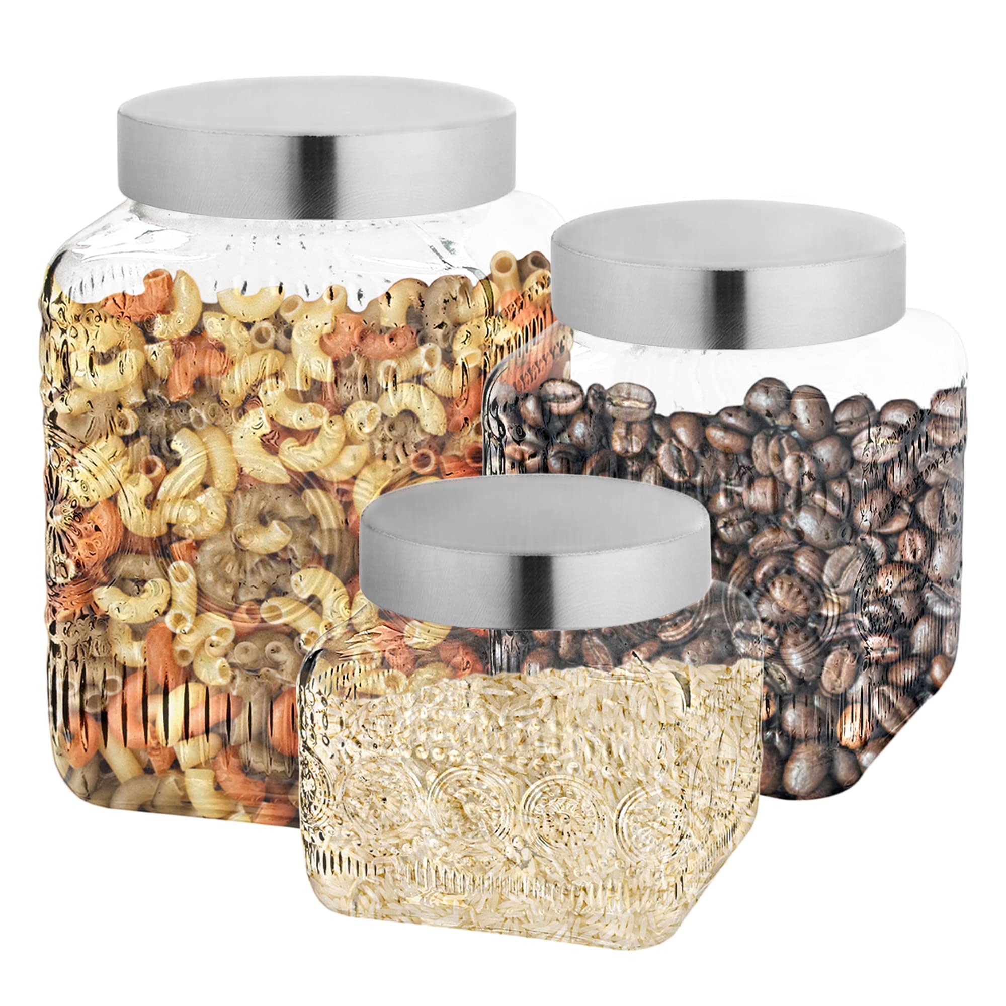 Stylish Decorative Glass Canister Set - Chic Retro Floral Design with Airtight Lids for Kitchen Storage | Perfect for Cookies, Candy, Coffee, Flour, Sugar, Rice, Pasta & Cereal | Ideal for Pantry Organization, Coffee Station & Home Decor (Medallion Square)