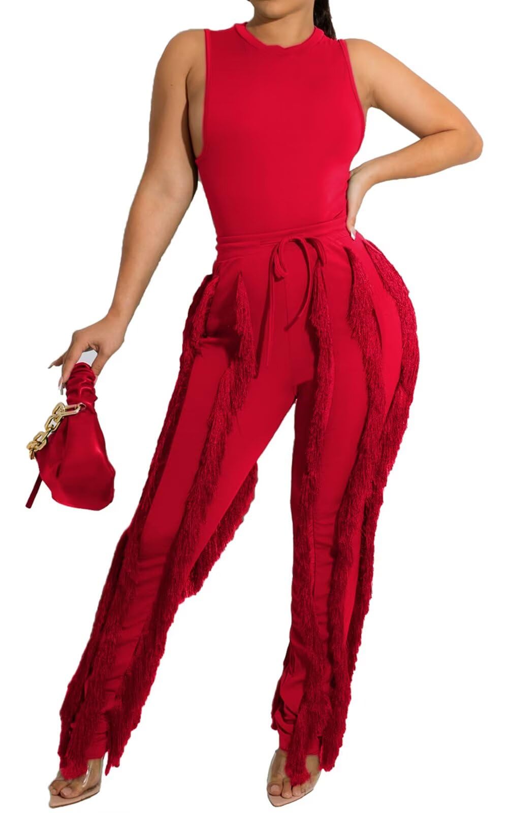 EDITCOZY Women's Sexy Two Piece Outfits with Fringe Pants & Tassel Details - Clubwear, Birthday Party, Night Out, Date Night, Girls Night Out, Vacation Outfit, Festival Fashion