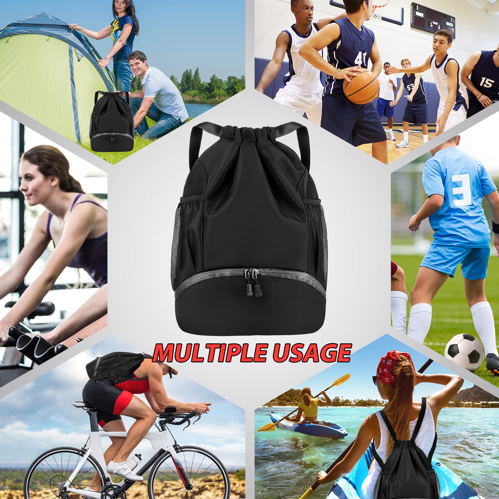 Photect Sports Drawstring Backpack - Soccer Basketball Football Bag with Compartment & Mesh Pockets - Perfect for Gym, School & Outdoor Activities