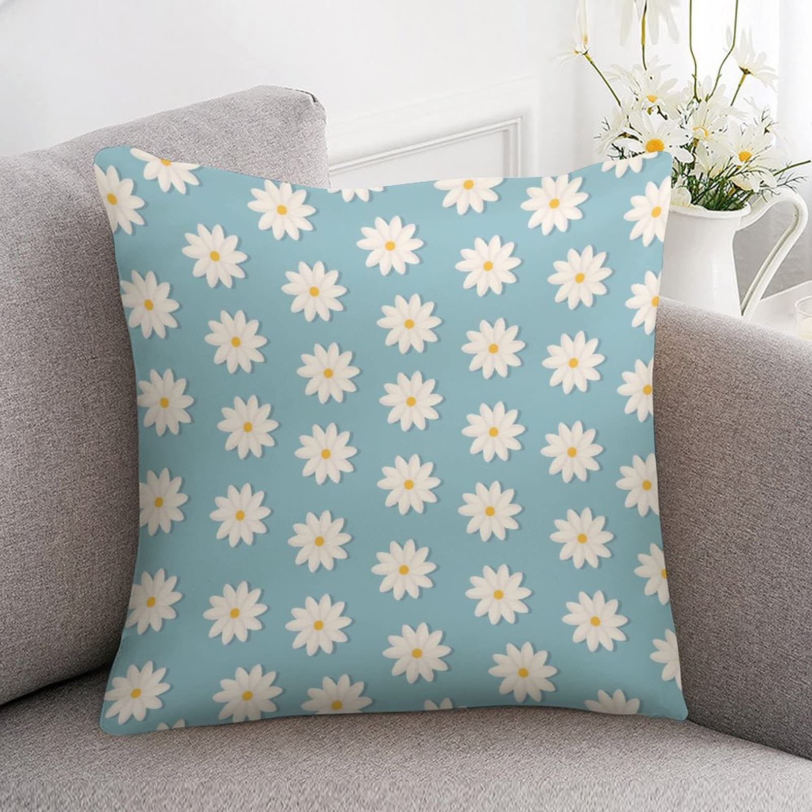 Blue and White Daisy Satin Pillow Covers 16x16 Inch - Summer Cooling Decorative Throw Pillows with Hidden Zipper for Sofa, Bed, Couch - Home Decor Gift for Women, Teachers, Housewarming