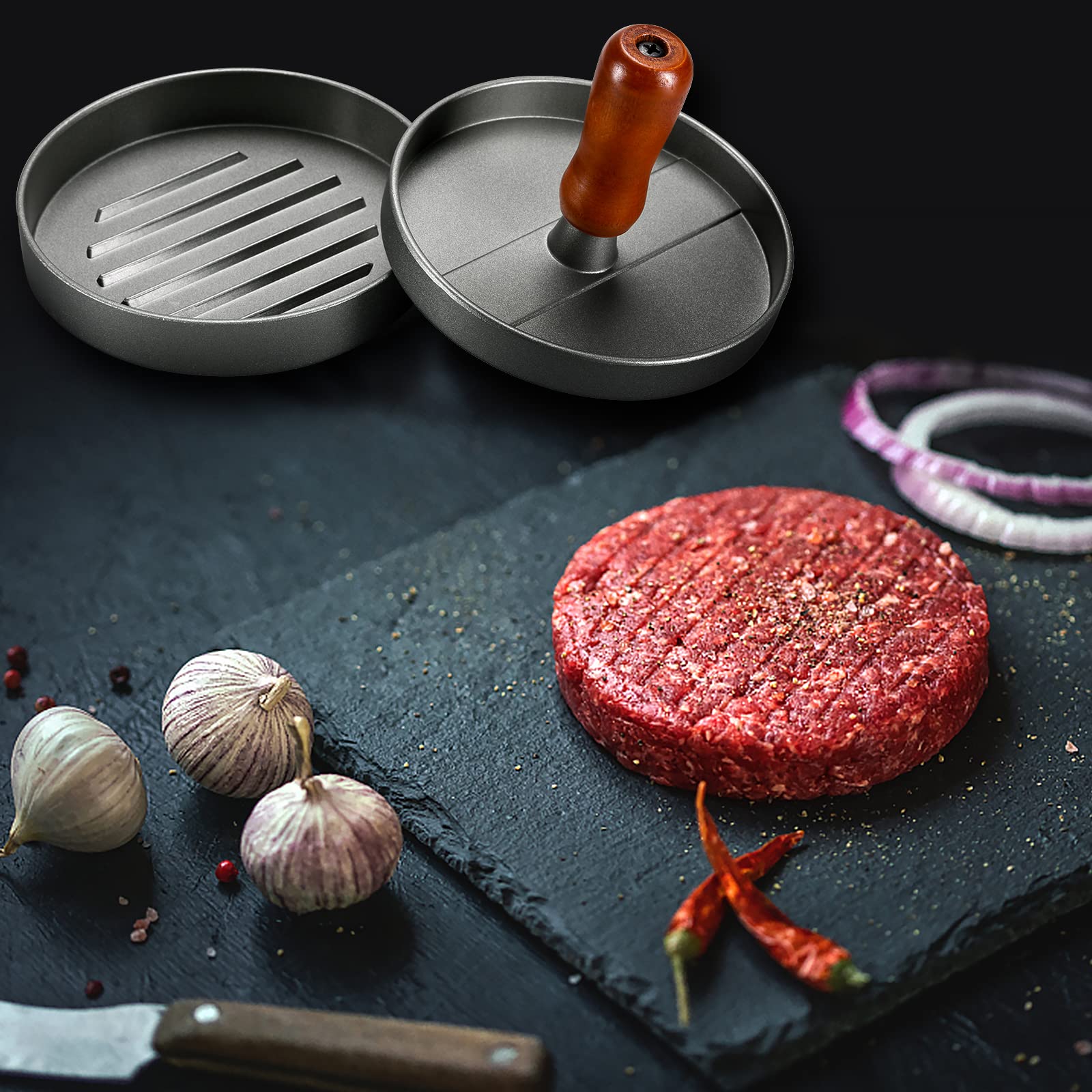 Stainless Steel Burger Press Patty Maker with Wood Handle & Non-Stick Surface - Includes 100 Patty Papers for Perfect Homemade Hamburgers | Ideal for BBQ, Backyard Grilling & Restaurant Use