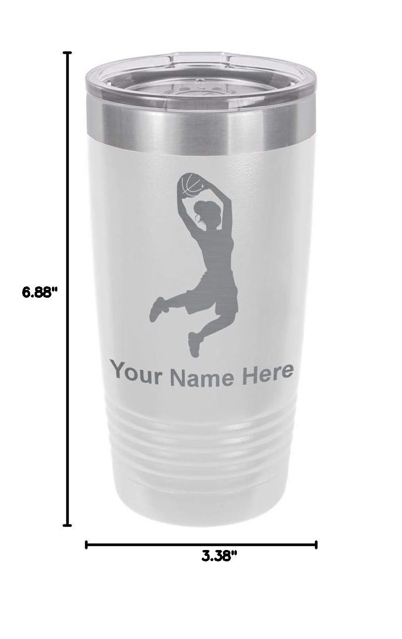 LaserGram 20oz Vacuum Insulated Stainless Steel Tumbler Mug with Basketball Slam Dunk Design - Personalized Engraving Gift for Women - Keeps Drinks Hot/Cold for Hours - Perfect for Office, Gym & Outdoor Activities (White)