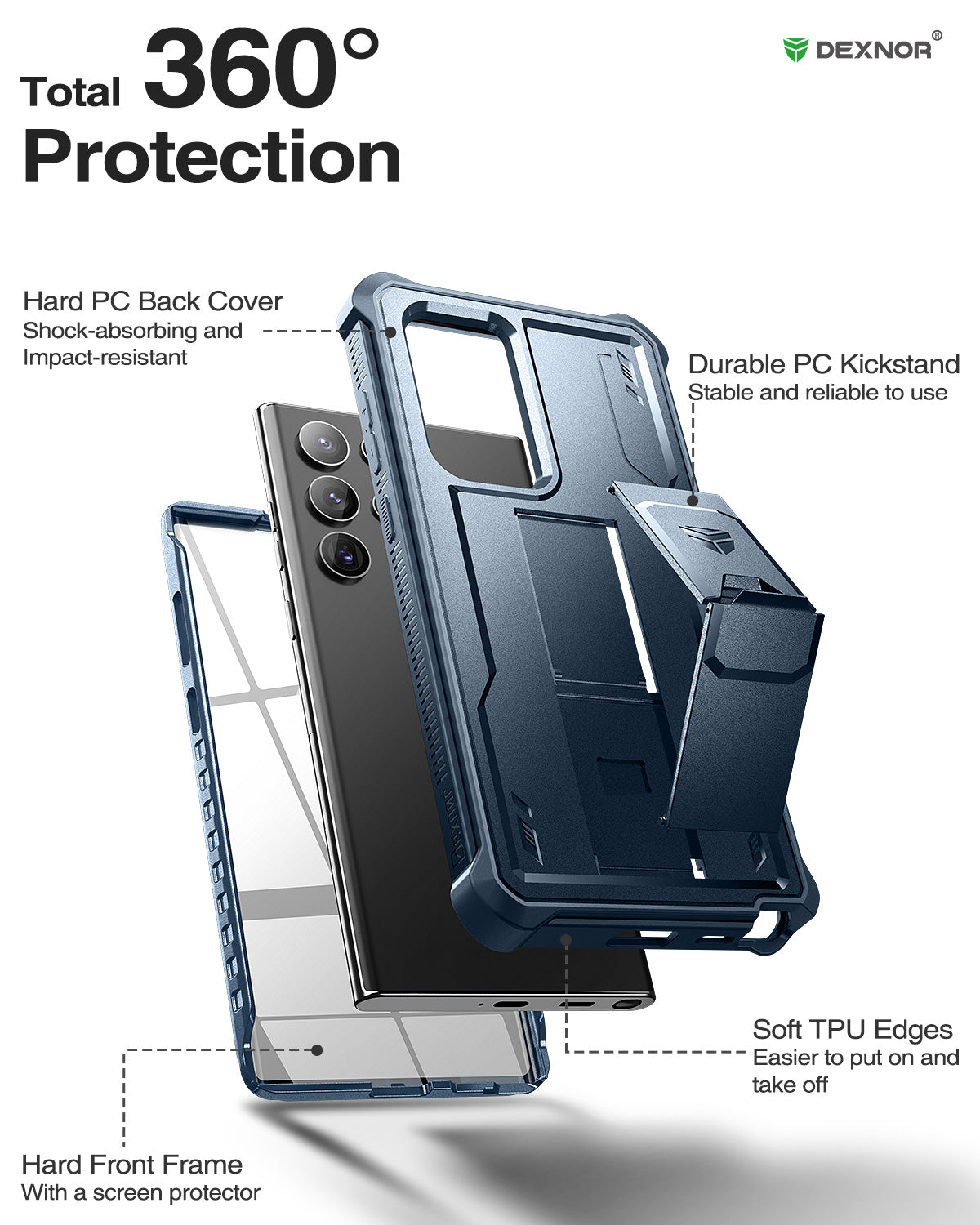 **Dexnor Heavy Duty Shockproof Rugged Case for Samsung Galaxy S22 Ultra with Built-in Kickstand & Screen Protector – Perfect for Outdoor, Work, and Travel**
