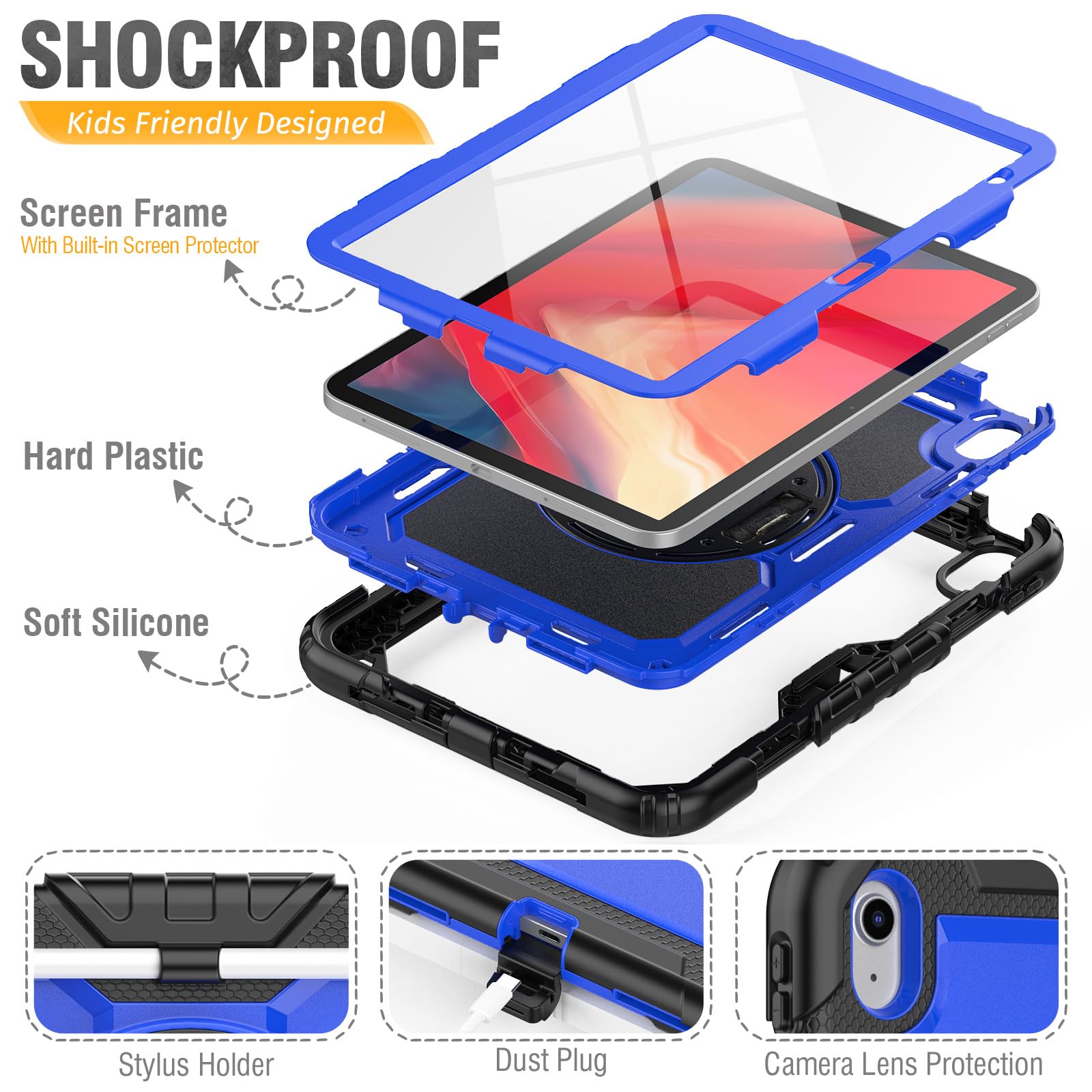 Shockproof iPad Case for iPad 11th/10th Generation (2025/2022) 10.9-11 inch - Heavy Duty Protective Cover with Screen Protector, Pencil Holder & Hand Strap - Compatible with iPad 10/11 Models A2696/A2757/A3354 - Blue - Perfect for Work, Travel & School Use