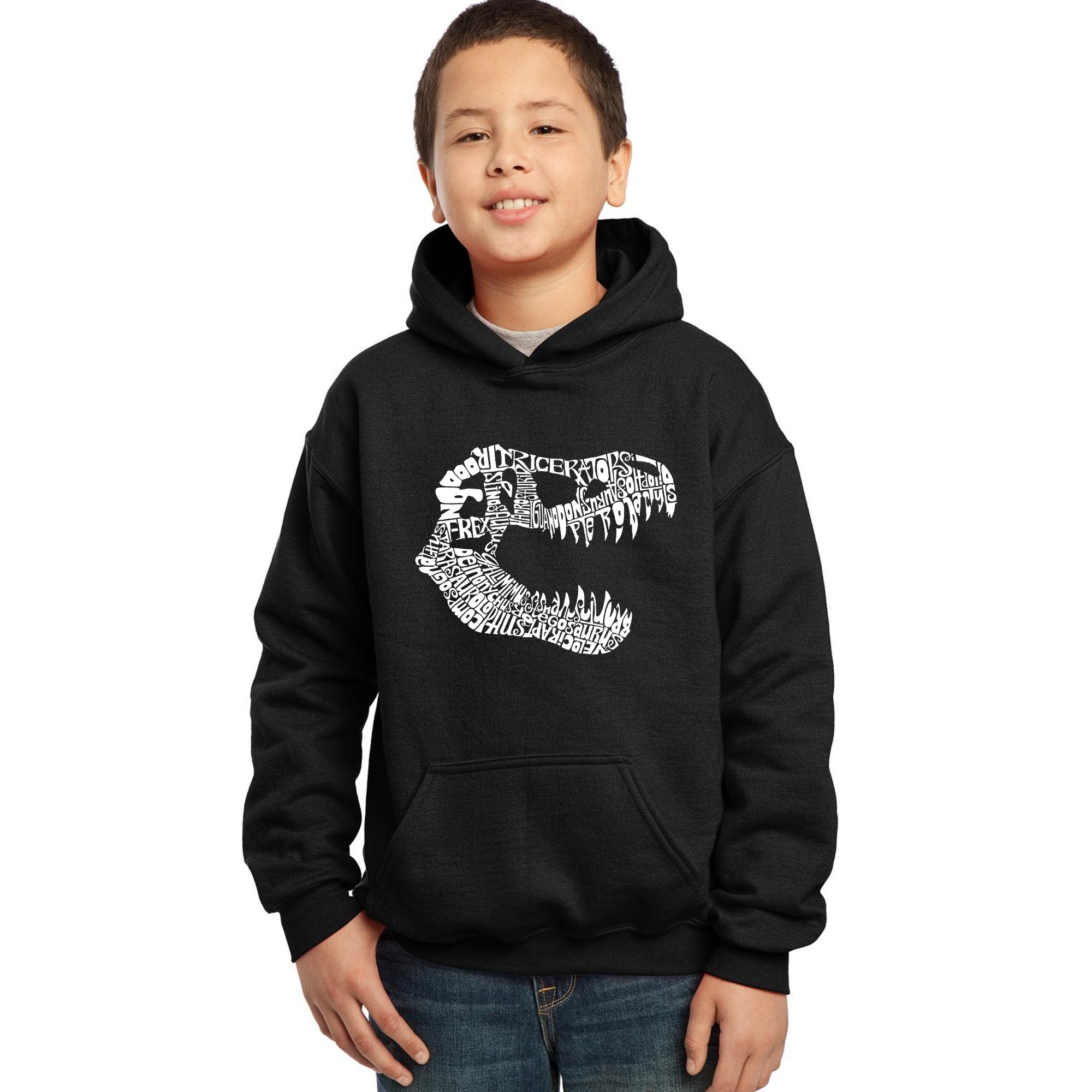 Boys' Word Art Hooded Sweatshirt - Dinosaur TREX Graphic Pullover - LA Pop Art Style - Cool Casual Wear for School & Playtime