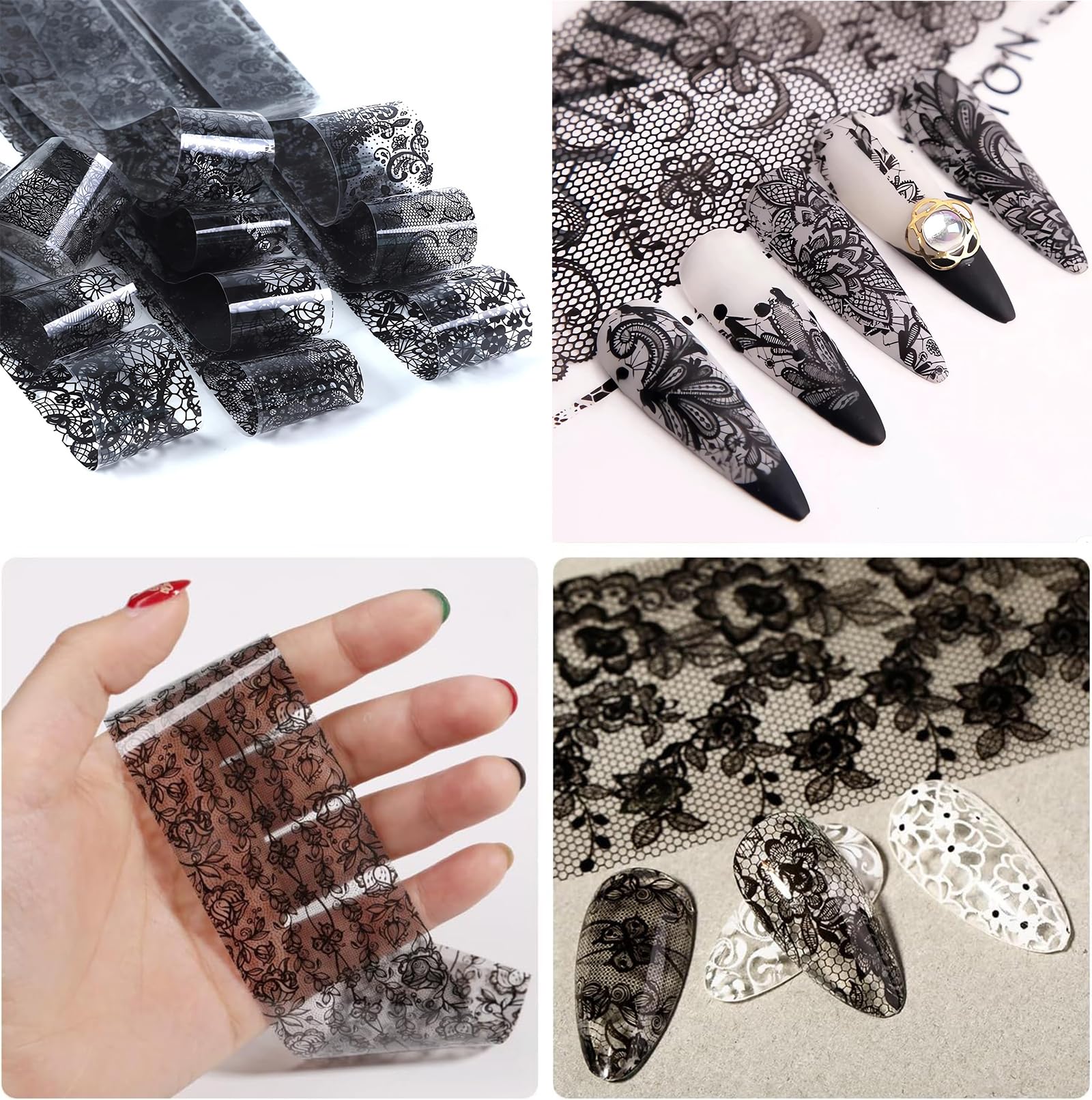 20 Rolls White & Black Holographic Lace Nail Foil Sheets - DIY Nail Art Transfer Foil for Manicure, Nail Stickers & Decals - Perfect for Salon, Home Nail Designs & Party Nail Decorations