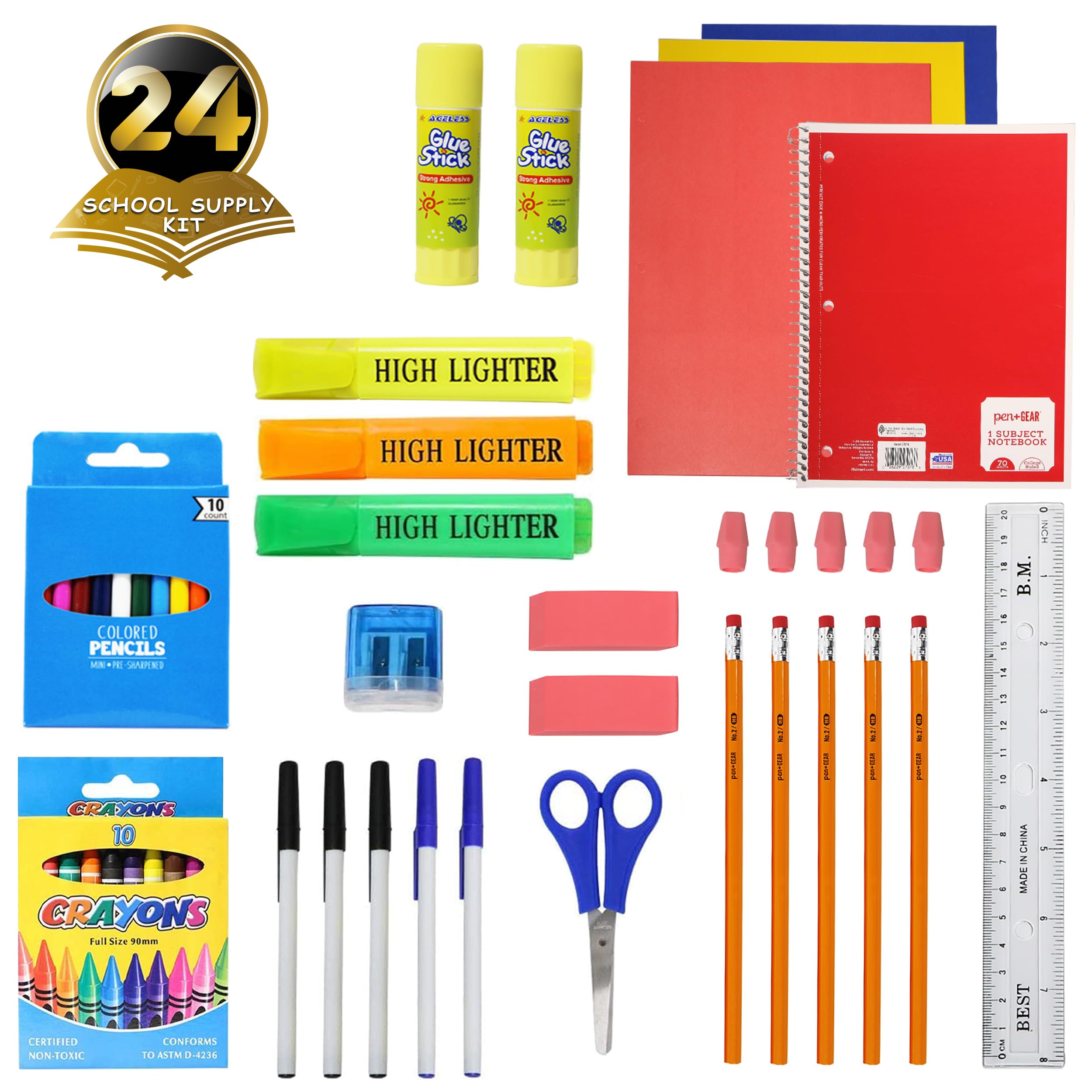 50-Piece Bulk School Supplies Kit - 24 Value Pack with Pens, Pencils, Crayons & More - Essential Classroom Supplies for Elementary, Middle & High School Students - Perfect for Back to School, Homeschooling & Teacher Stocking