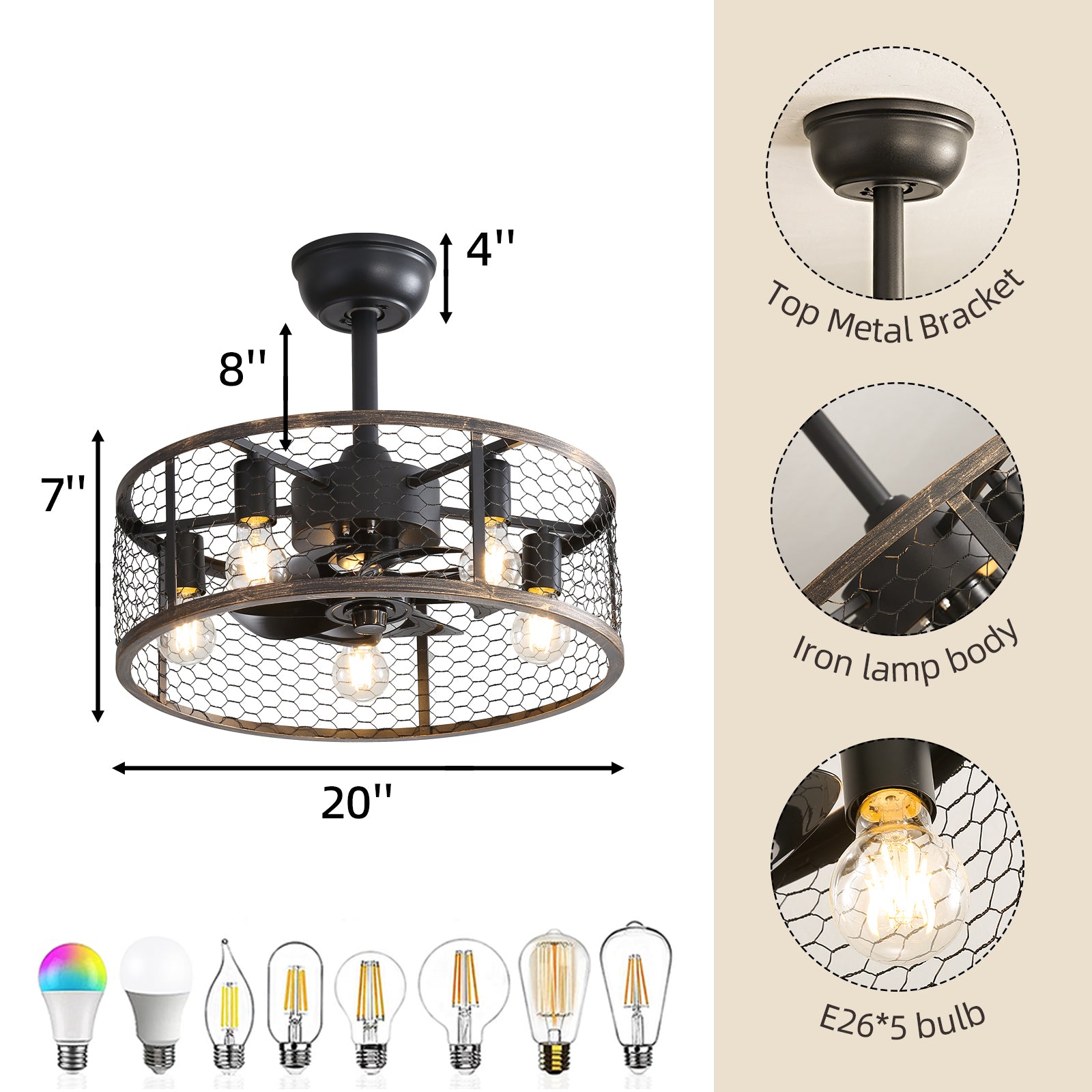 19.7 Inch Classic Ceiling Fan with Light Kit - No Bulb Warranty - Perfect for Bedroom, Living Room & Outdoor Patio