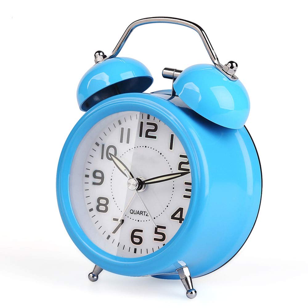 Vintage Twin Bell Alarm Clock with Nightlight - 4 Inch Silent Bedside Desk Clock for Students & Adults - Loud Alarm, Simple Design (Blue) - Perfect for Bedrooms, Dorms, Offices & Travel