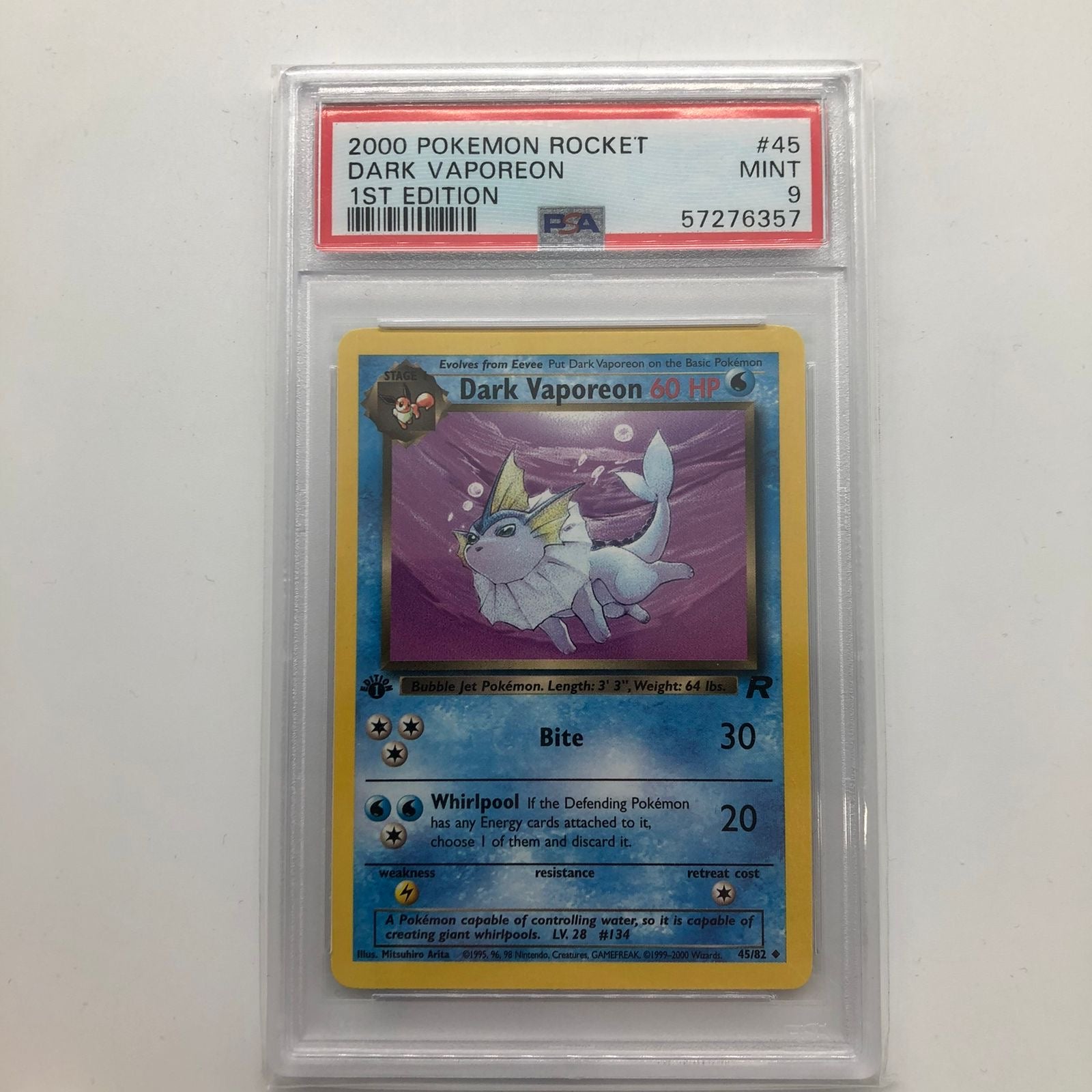 Dark Vaporeon Pokemon Card 45/82 Holo Team Rocket PSA 9 Graded - Rare Collectible for Pokemon TCG Players & Trading Card Game Enthusiasts