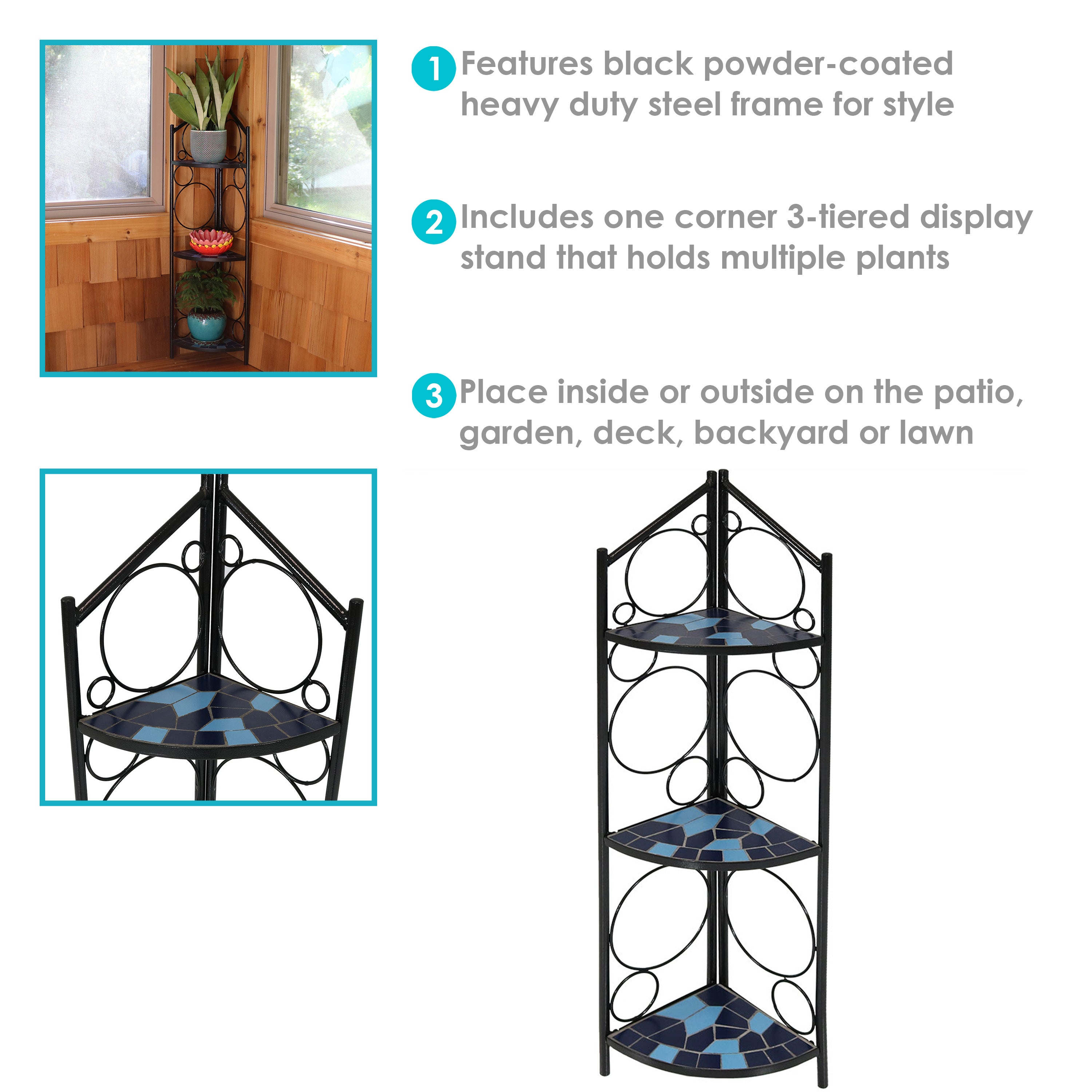 Sunnydaze 3-Tier Blue Mosaic Tiled Corner Shelf for Plants - Decorative Display Stand for Indoor/Outdoor Home Garden Decor, Perfect for Living Room, Patio or Balcony Plant Arrangement