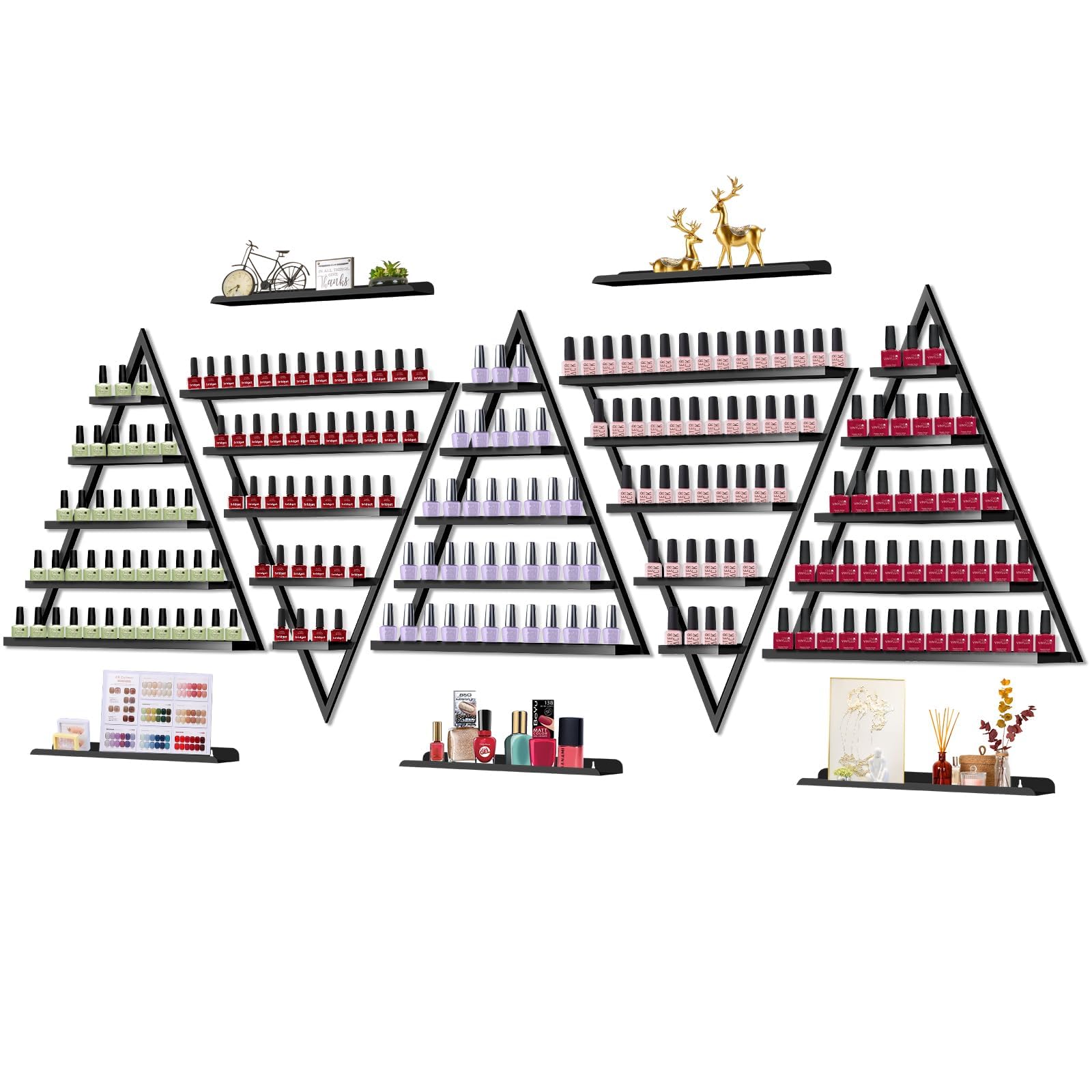 10-Piece Metal Wall-Mounted Nail Polish Organizer - 5-Tier Black Triangular Cosmetic Display Shelf for Lipstick, Perfume & Essential Oils - Space-Saving Storage Solution for Home Spa, Salon & Retail Shops - Perfect for Bathroom, Vanity & Makeup Organization
