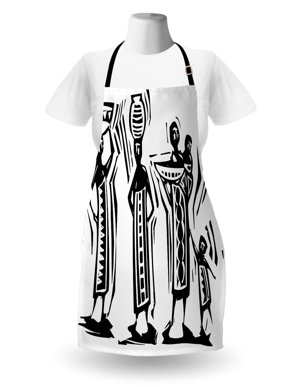 Lunarable Ethnic Apron - Traditional Baskets & Pots Design - Adjustable Unisex Kitchen Bib Apron for Cooking, Baking, Gardening - Black & White - Perfect for Home Chefs, BBQ Parties & Pottery Enthusiasts