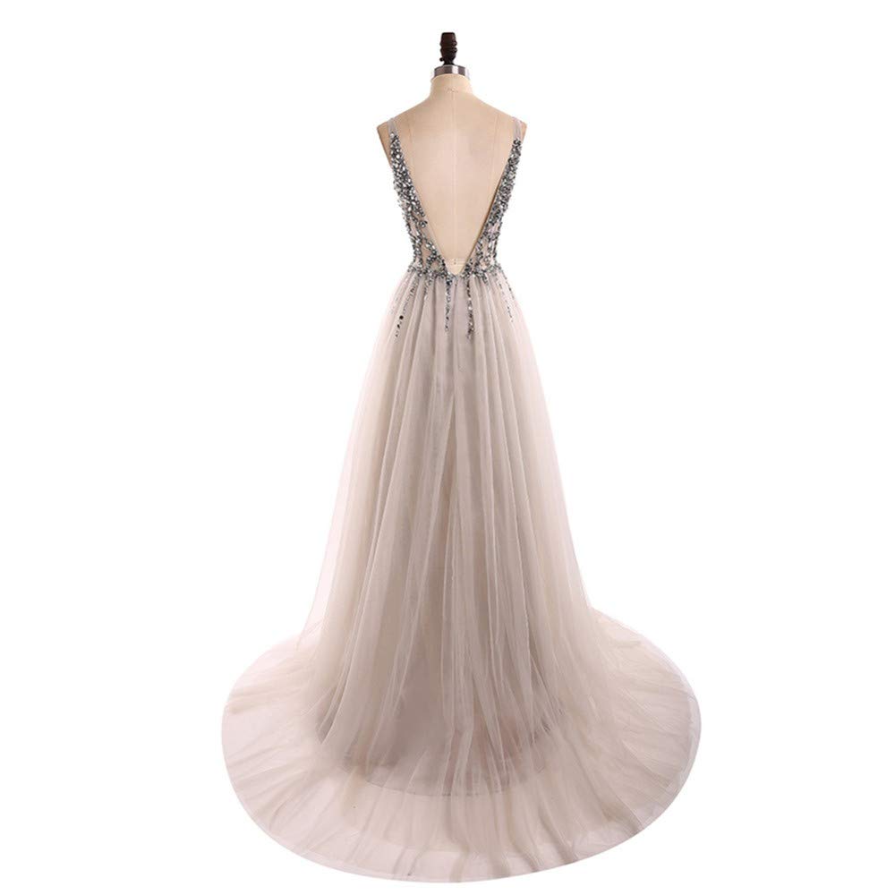 Elegant Women's Beaded V-Neck Tulle Prom Dress with Long Slit - Perfect for Evening Gowns, Formal Dances, and Special Occasions