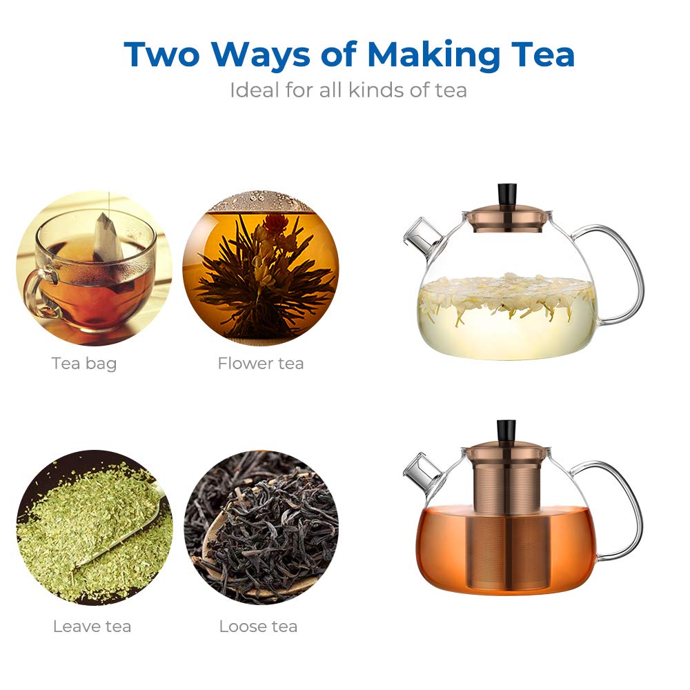 51oz Large Glass Teapot with Infuser - Stovetop Safe Loose Leaf Tea Pot, 1500ml Clear Glass Tea Kettle with Strainer for Stove Top (6 Cups, Bronze) - Perfect for Home, Office & Tea Ceremonies