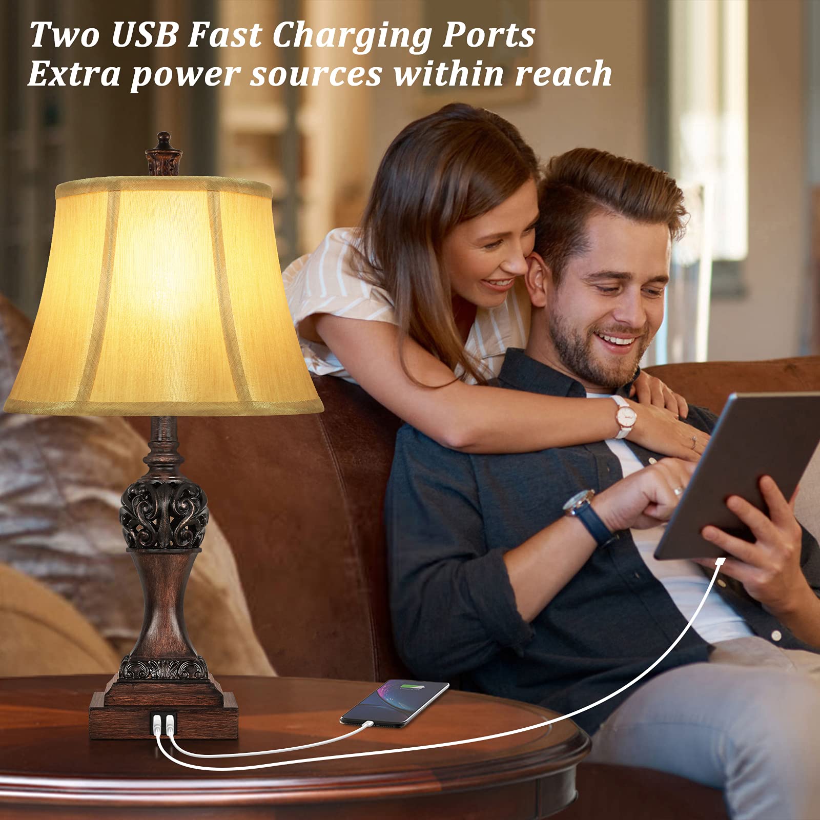 2-Pack Touch Control 3-Way Dimmable Table Lamps with USB Charging Ports - Traditional Bedside Lamps with Bell-Shaped Faux Silk Shade & Brown Base for Bedroom, Nightstand, Living Room (LED Bulbs Included) - Perfect for Reading, Relaxing & Charging Devices