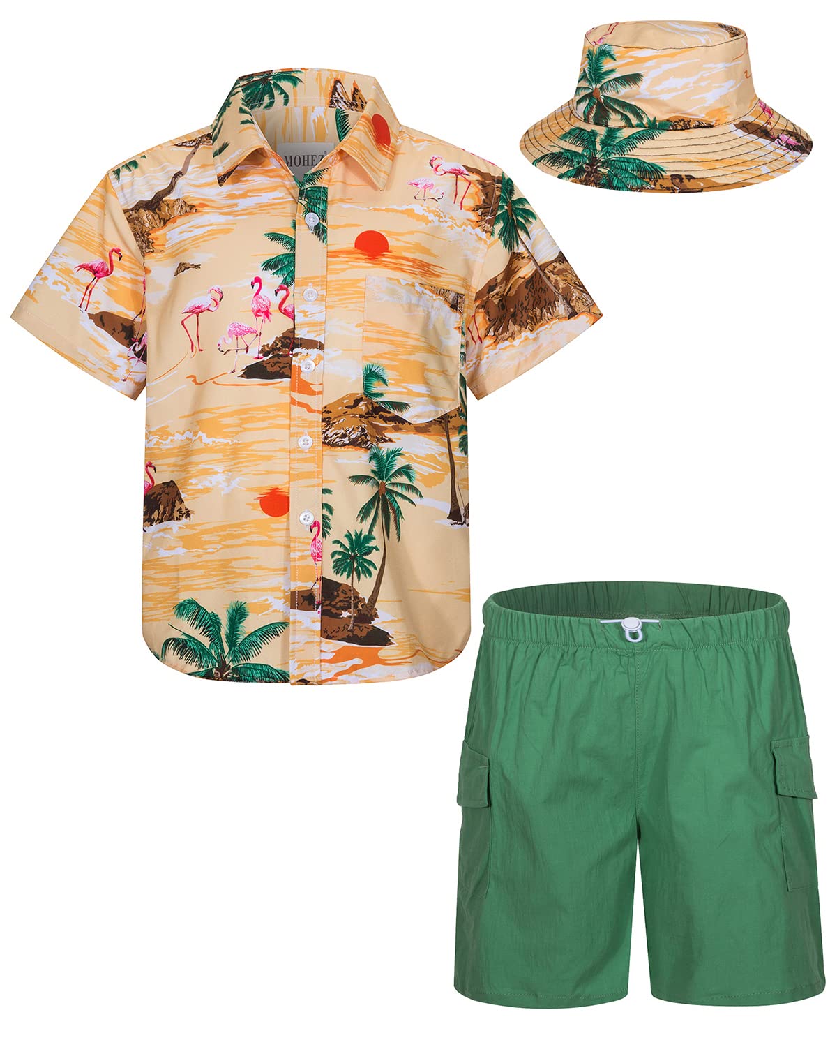 Boys Hawaiian Shirt and Shorts Set - 2 Piece Summer Outfit for Kids with Matching Bucket Hat | Beach Vacation, Luau Party & Tropical Theme Wear