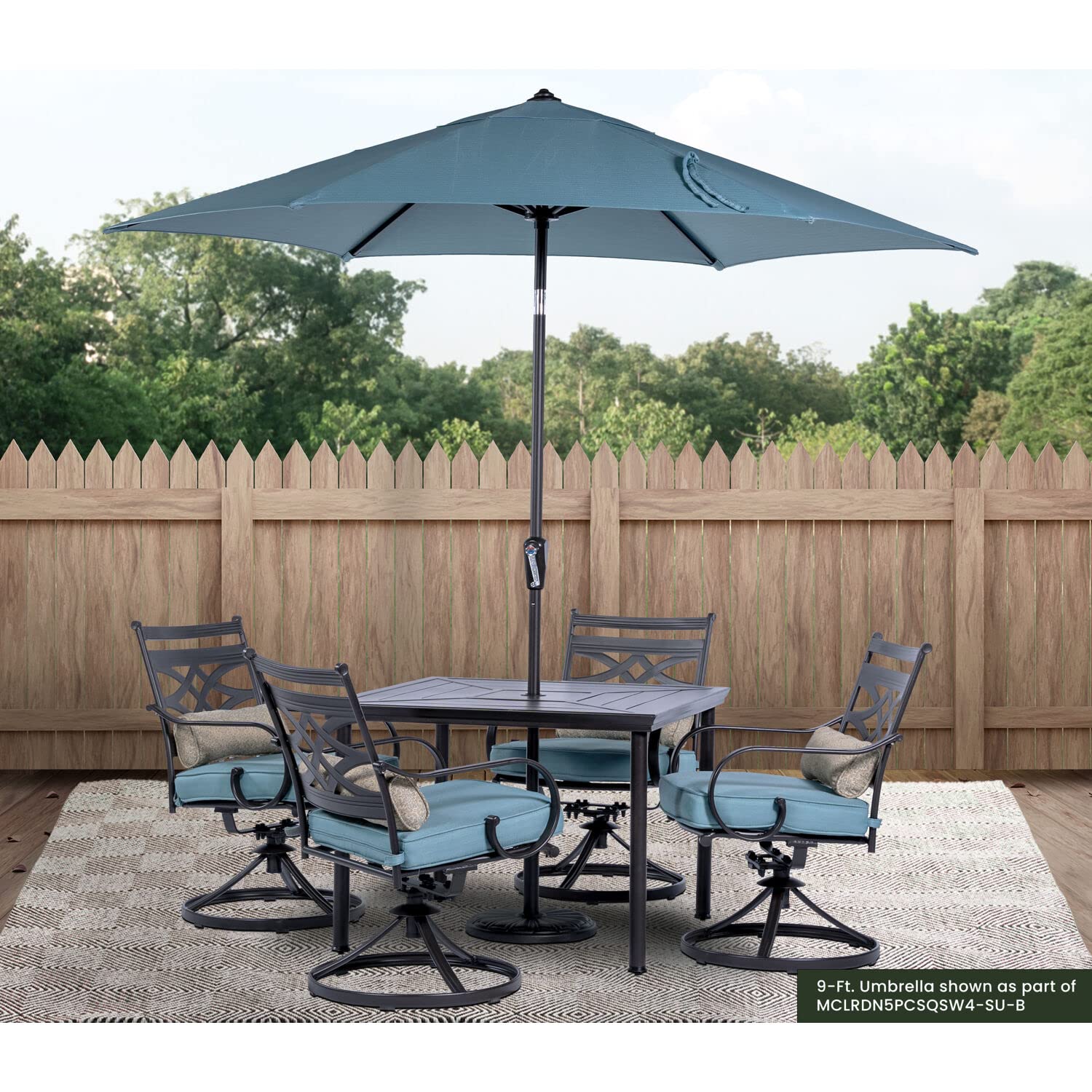 Hanover Montclair 9' Market Outdoor Umbrella - Ocean Blue All-Weather UV & Rust Resistant Patio Umbrella with Crank Lever & Tilt Pivot for Small to Medium Outdoor Dining Sets - Perfect for Backyard, Poolside, and Restaurant Use