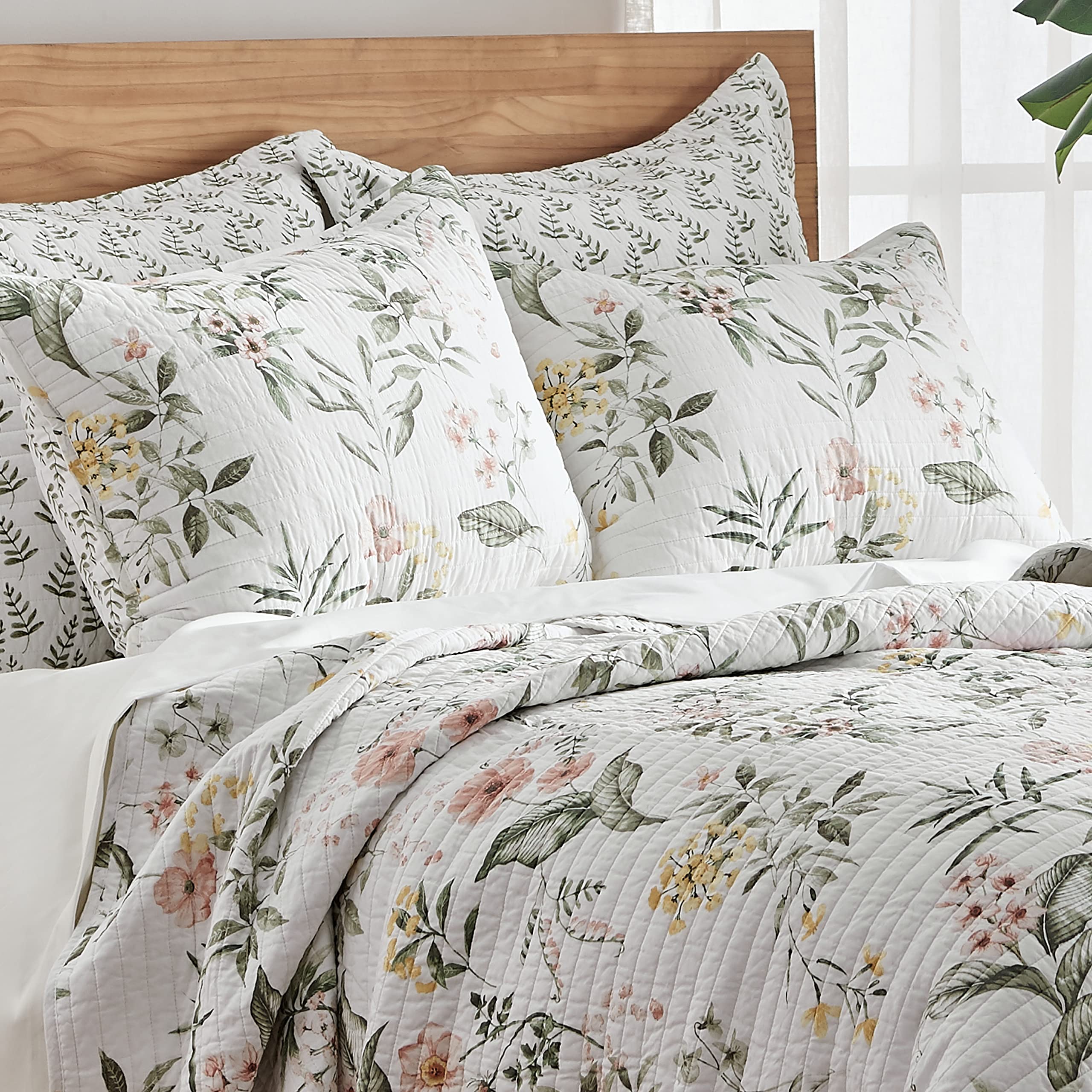 Levtex Home Viviana Reversible Cotton Quilt Set - King/Cal King Size (106x92in) with 2 Pillow Shams (36x20in) - Botanical Floral Design in Coral, Green, Yellow & Cream - Perfect for Master Bedroom, Guest Room & Cozy Home Decor