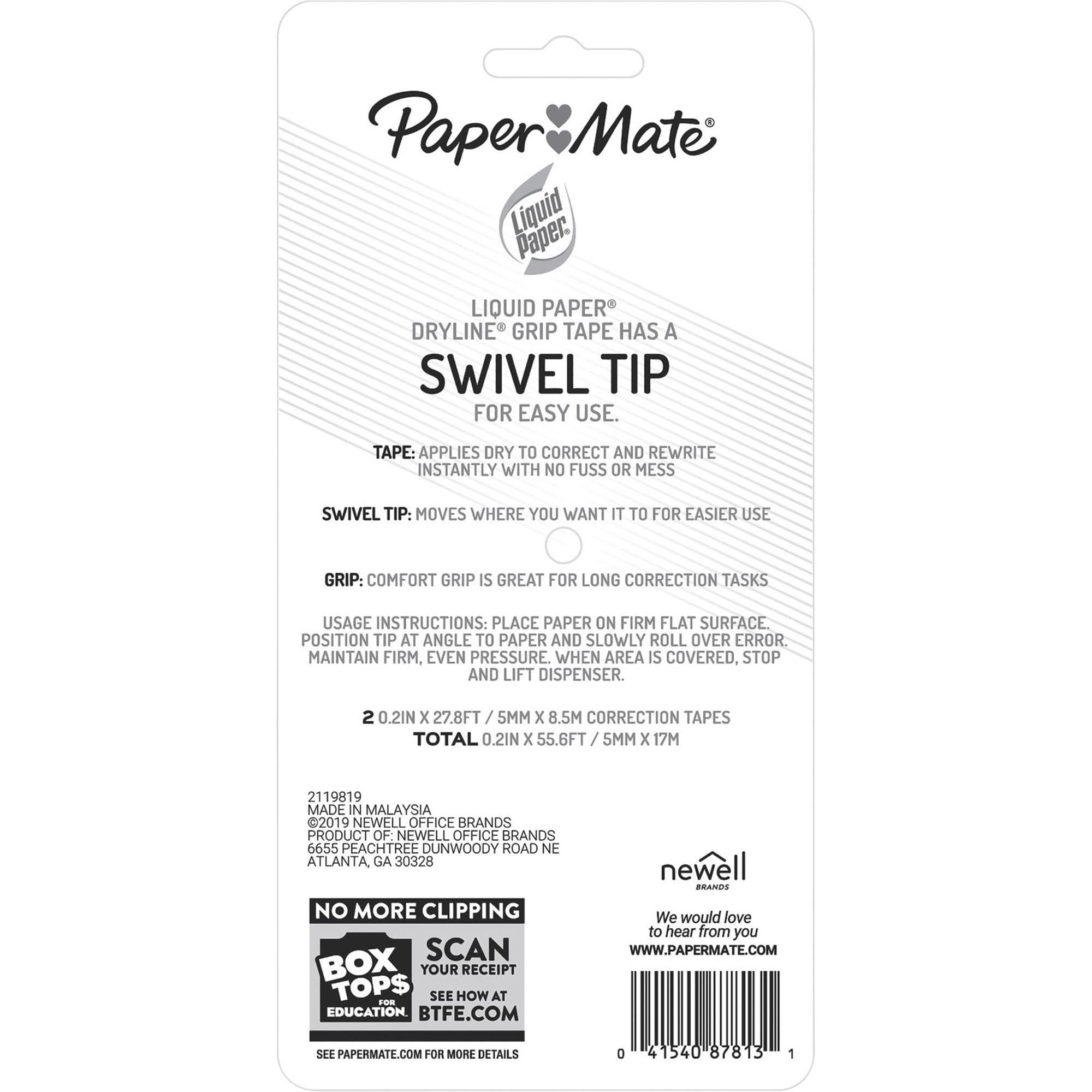 Paper Mate Liquid Paper DryLine Grip Correction Tape - White Out Tape for Documents, School & Office Supplies - Perfect for Erasing Mistakes on Paper, Homework & Reports