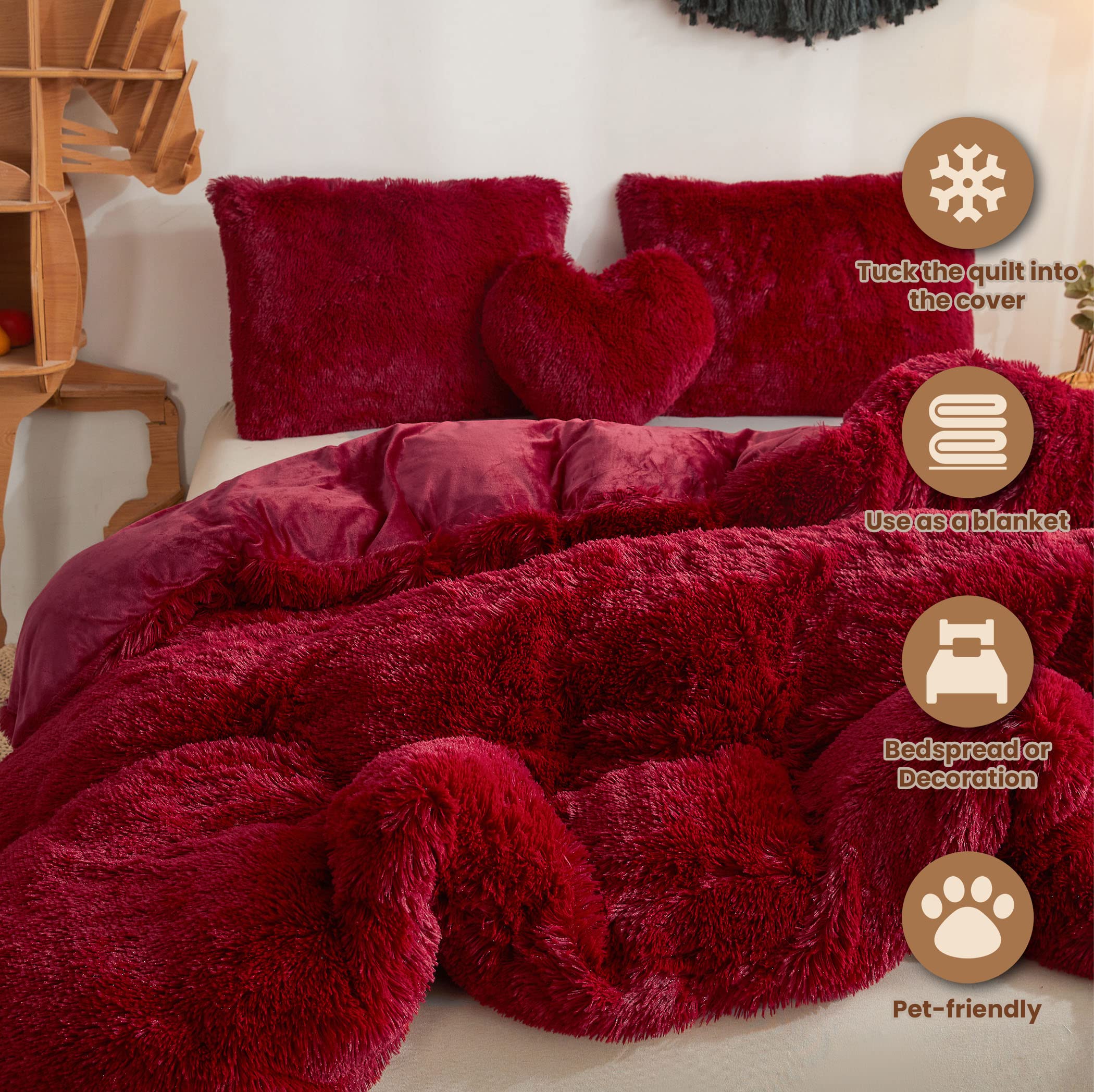 Luxury Shaggy Faux Fur Duvet Cover Set - 3 Piece Soft Fluffy Comforter Cover with Zipper Closure - Queen Size Fuzzy Bedding Set (1 Plush Duvet Cover + 2 Pillowcases) - Perfect for Cozy Winter Nights & Stylish Bedroom Decor - Red
