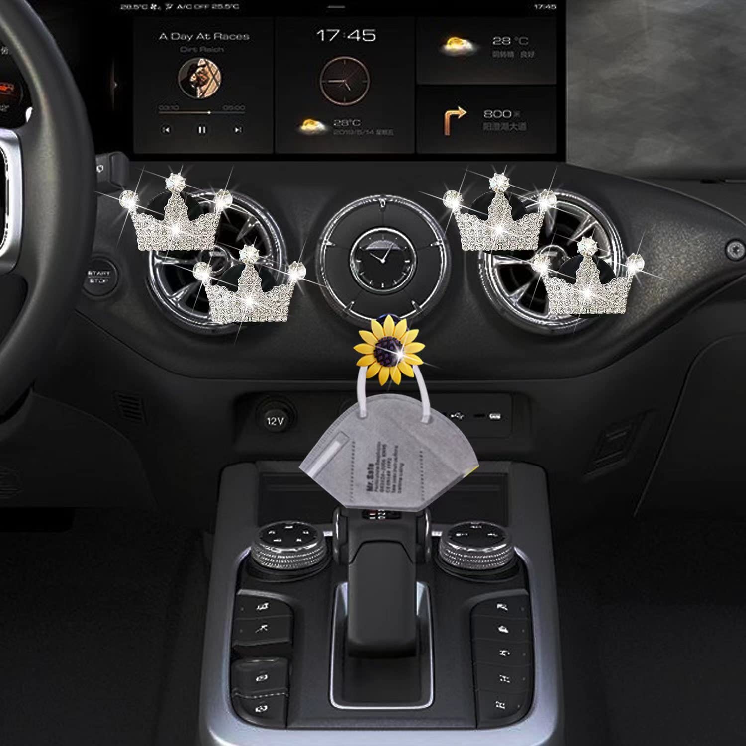 4PCS Bling Crown Car Air Vent Clips - Elegant Car Air Freshener & Diffuser with Sunflower Mask Hook - Cute Car Interior Decor for Women - Perfect for Daily Commute, Road Trips & Gift Giving