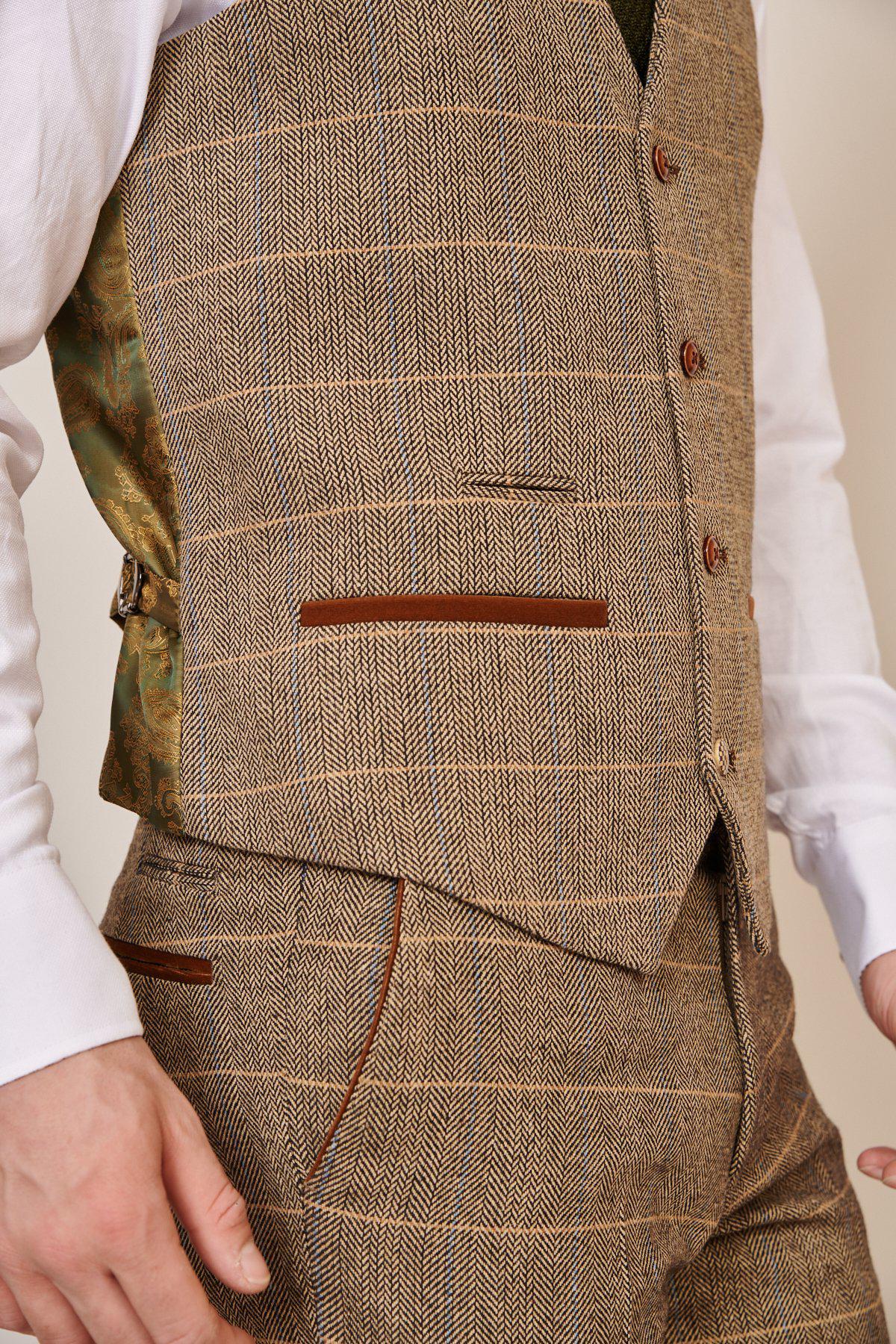 Lukasz Fabianski Style TED Tan Tweed Check Three Piece Suit | Premium Wool Blend Men's Formal Suit | Perfect for Weddings, Business Meetings & Special Occasions