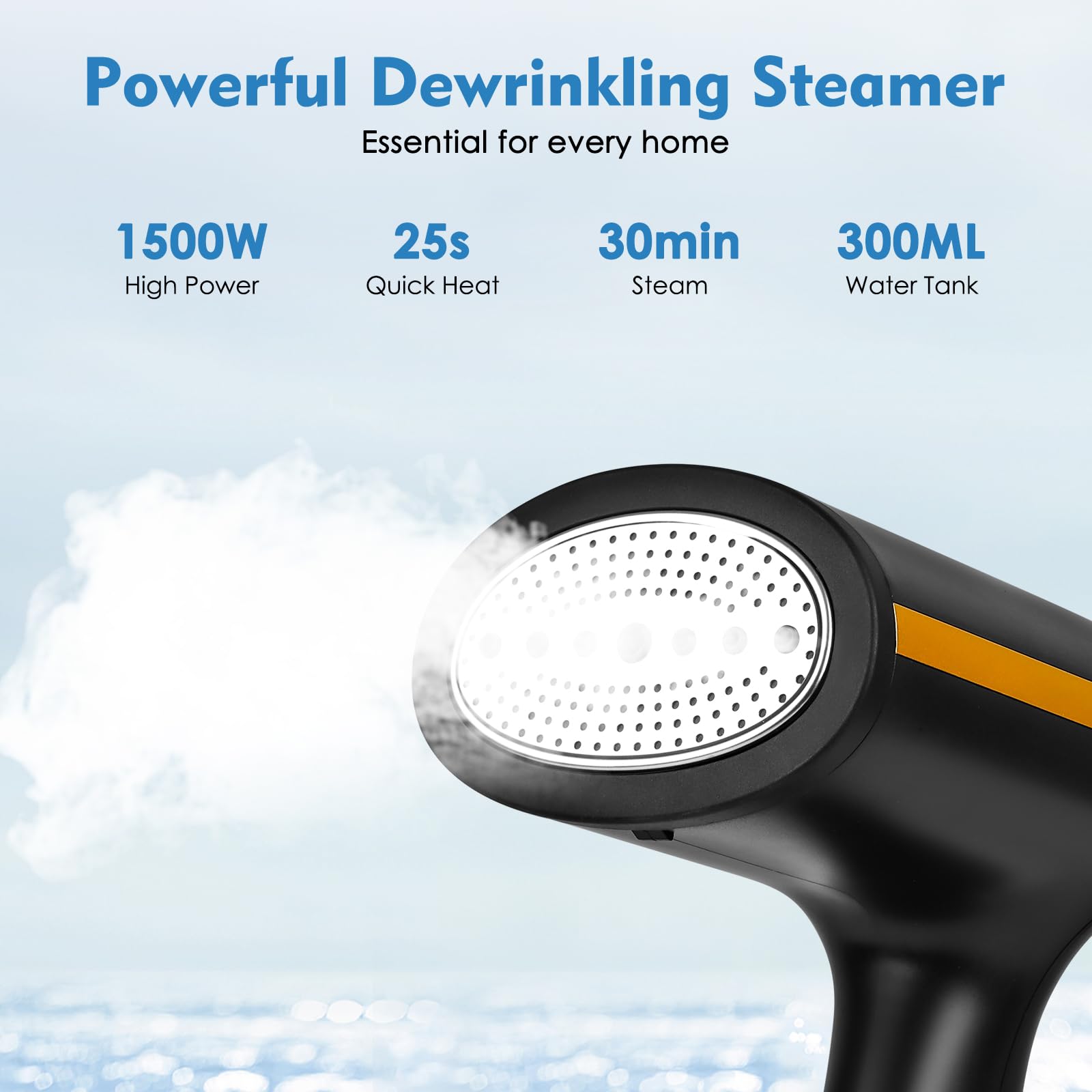 1500W Portable Handheld Clothes Steamer - 300ml Large Water Tank, 25-Second Fast Heat Up, Wrinkle Remover for Shirts, Dresses & Suits - Perfect for Home, Travel & Business Trips (Black)