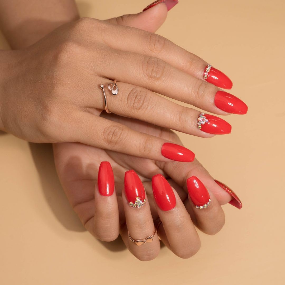 Premium Fake Press-On Nails - Indian Bride Set of 20 | Reusable Full Coverage UV Gel Coated Artificial Nails | Easy to Apply Stick-On Nail Extensions for Weddings, Parties & Special Occasions | Affordable & Time-Saving Manicure Solution for Both Hands