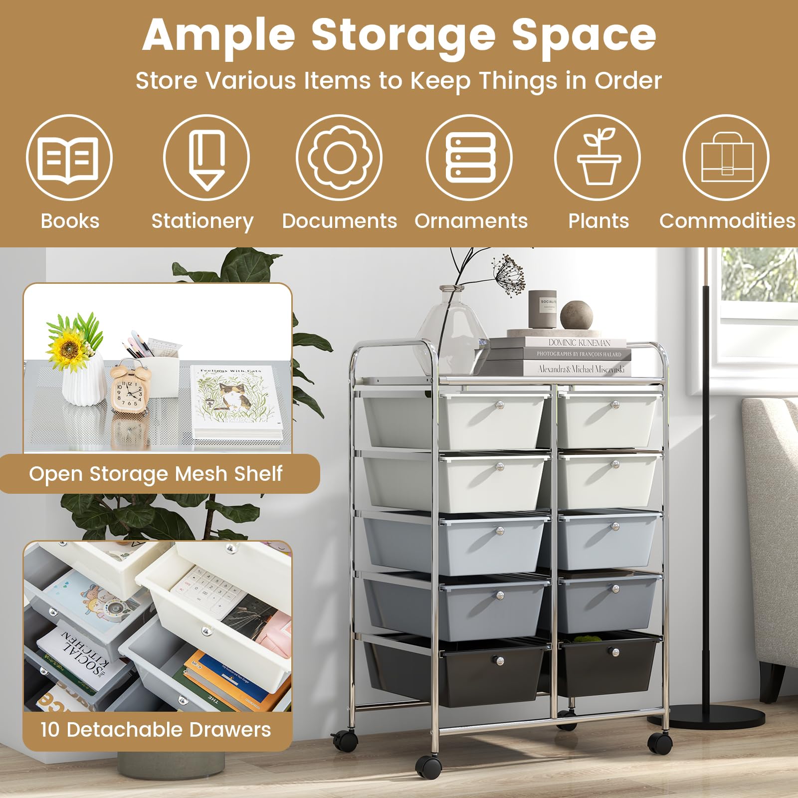 HAPPYGRILL 10-Drawer Rolling Storage Cart with Lockable Wheels - Mobile Organizer Utility Cart for Beauty Salon, School, Office & Home (Grey Gradient) - Perfect for Salon Supplies, Classroom Organization & Home Storage Solutions