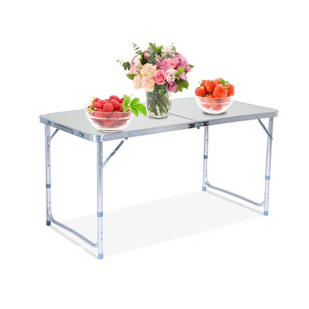 U-Kiss 4ft Aluminum Folding Picnic Table - Adjustable Height, Portable & Lightweight with Carry Handle - Perfect for Indoor/Outdoor, Camping, BBQ, Beach & Tailgating Parties