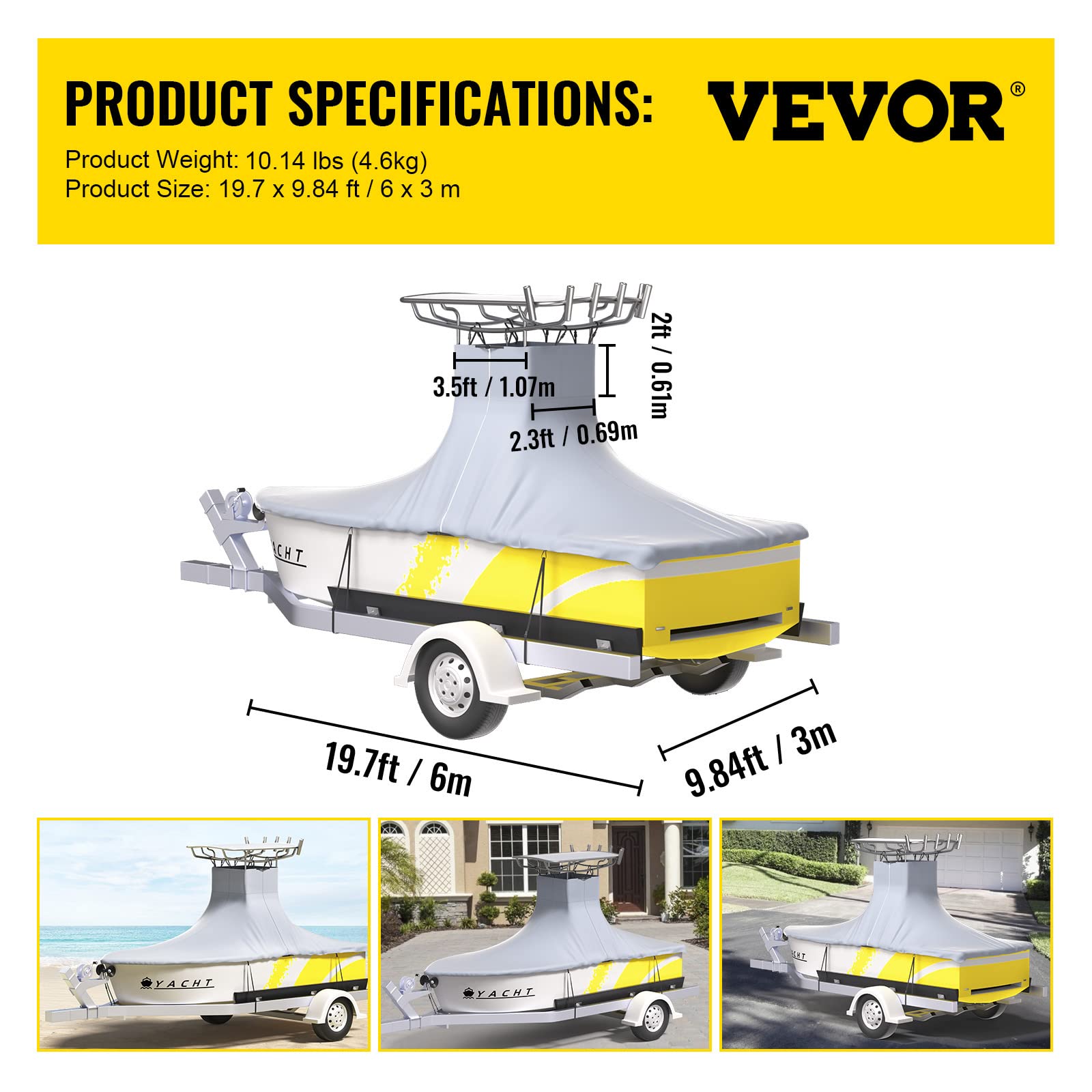 VEVOR Heavy Duty 600D Marine Grade Oxford Boat Cover for 18.5'-20' Center Console Boats - UV Resistant Waterproof T-Top Cover with 2 Support Poles & 5 Windproof Straps (Gray) - Perfect for Saltwater Fishing, Boating, and Marine Protection