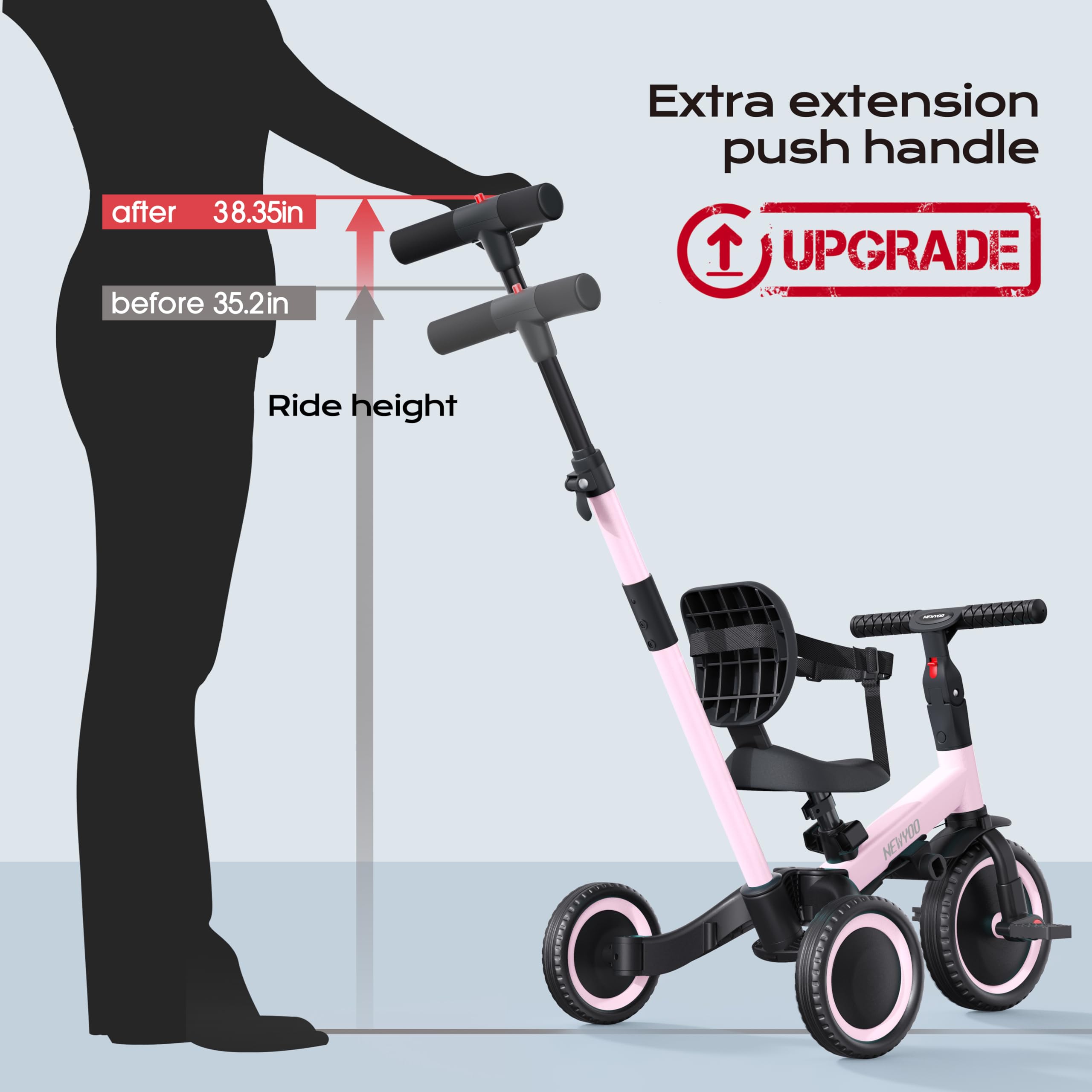 Newyoo Toddler Tricycle for 1-3 Year Old Kids - Adjustable Push Handle, Safety Belt & Backrest - Pink Balance Learning Bike TR007 - Perfect Birthday Gift for Boys & Girls - Indoor & Outdoor Play, Park Rides, Backyard Fun