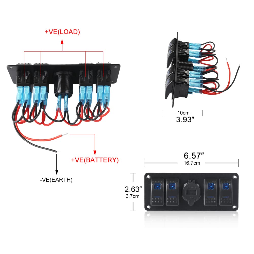 12V-24V DC Marine Switch Panel with Quick Charge Dual USB Ports & Voltmeter - Waterproof Rocker Switch for Boats, RVs, Trucks - Night Glow Stickers for Easy Night Use - Perfect for Marine, Camping & Off-Road Adventures