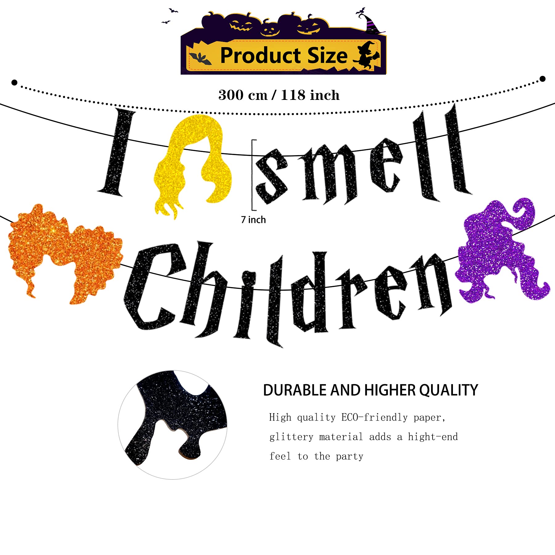 I Smell Children Halloween Banner - Black Glitter Party Decor for Home, Fireplace Mantel & Office - Hocus Pocus Inspired Halloween Decorations - Perfect for Spooky Parties, Haunted House Themes & Witchy Celebrations