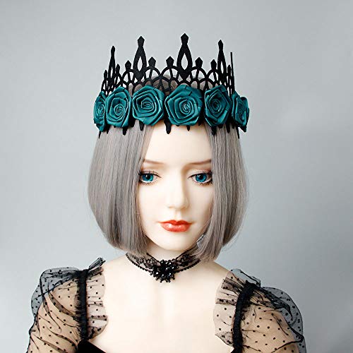 Halloween Queen Black Lace Crown | Gothic Rose Tiara | Spider Necklace Headband for Women & Girls | Cosplay Party Hair Accessories (Dark Green Rose Crown) - Perfect for Halloween Costumes, Gothic Weddings & Themed Parties