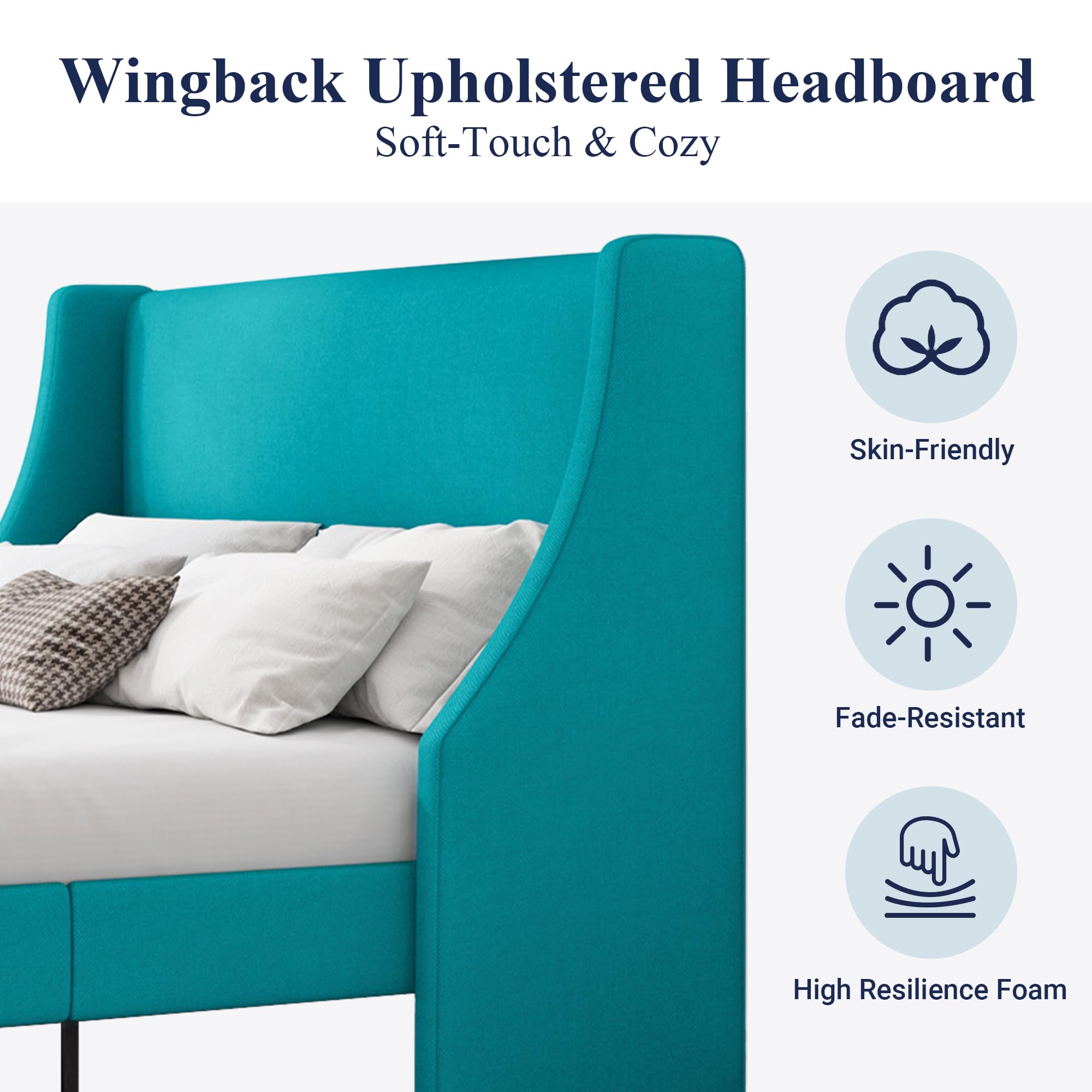 Allewie Queen Size Platform Bed Frame with Upholstered Headboard - Modern Wingback Design, Wood Slat Support & Mattress Foundation in Peacock Green | Perfect for Master Bedrooms, Guest Rooms & Modern Apartments