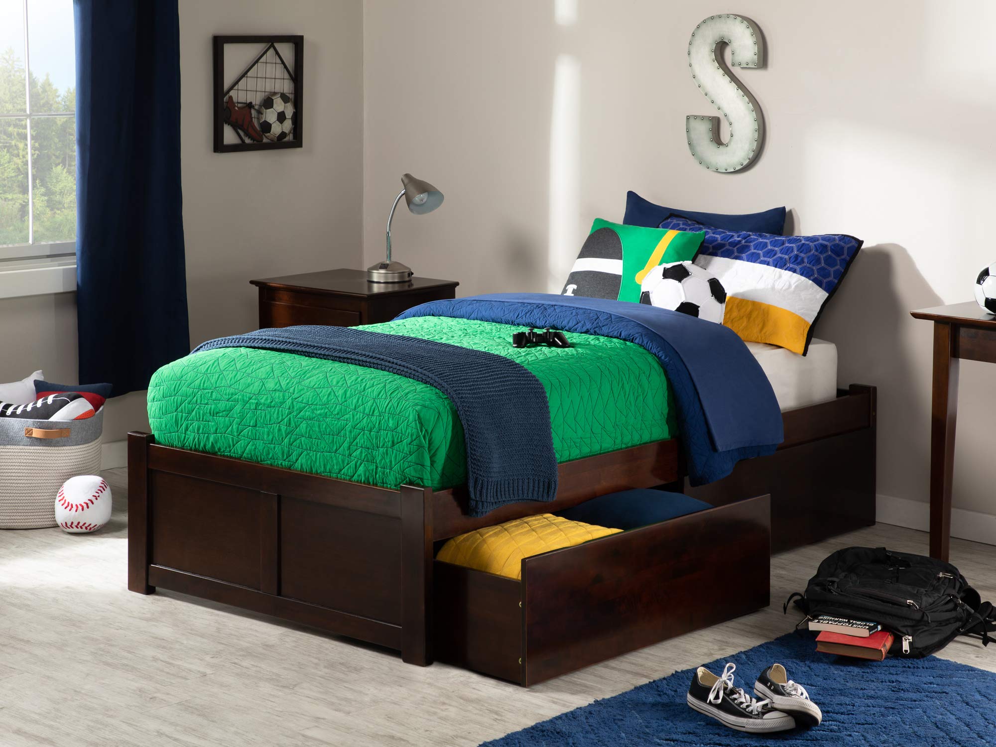 AFI Concord Twin Size Platform Bed with Footboard & Storage Drawers in Walnut - Space-Saving Bedroom Furniture for Kids, Teens & Small Rooms