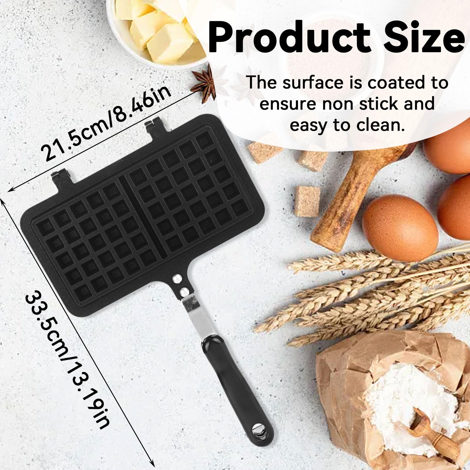 Cast Iron Belgian Waffle Maker - Non-Stick Double Mini Waffle Iron Pan for Breakfast, Snacks & Desserts (8.5