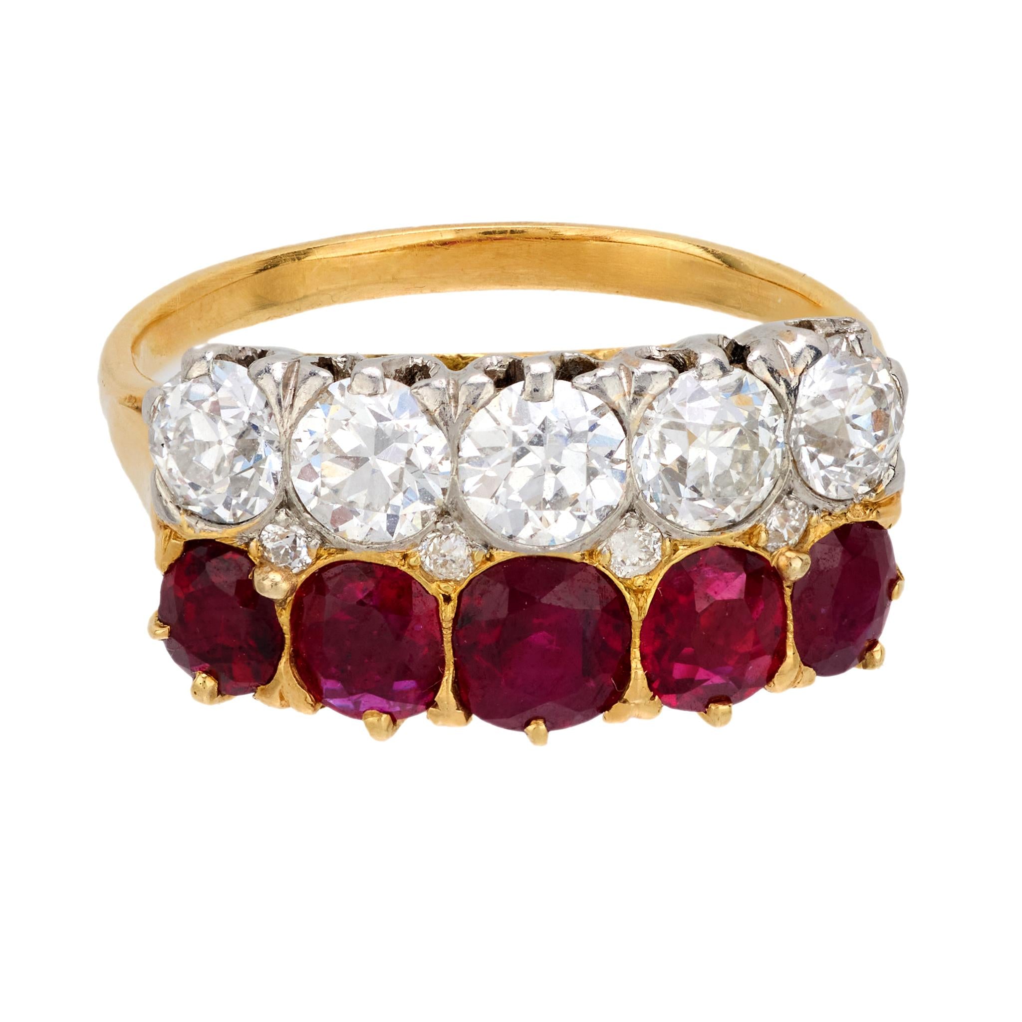 Exquisite Victorian French 3.45 Carat Diamond & Ruby 18K Yellow Gold Ring - Elegant Antique Jewelry for Weddings, Anniversaries & Special Occasions