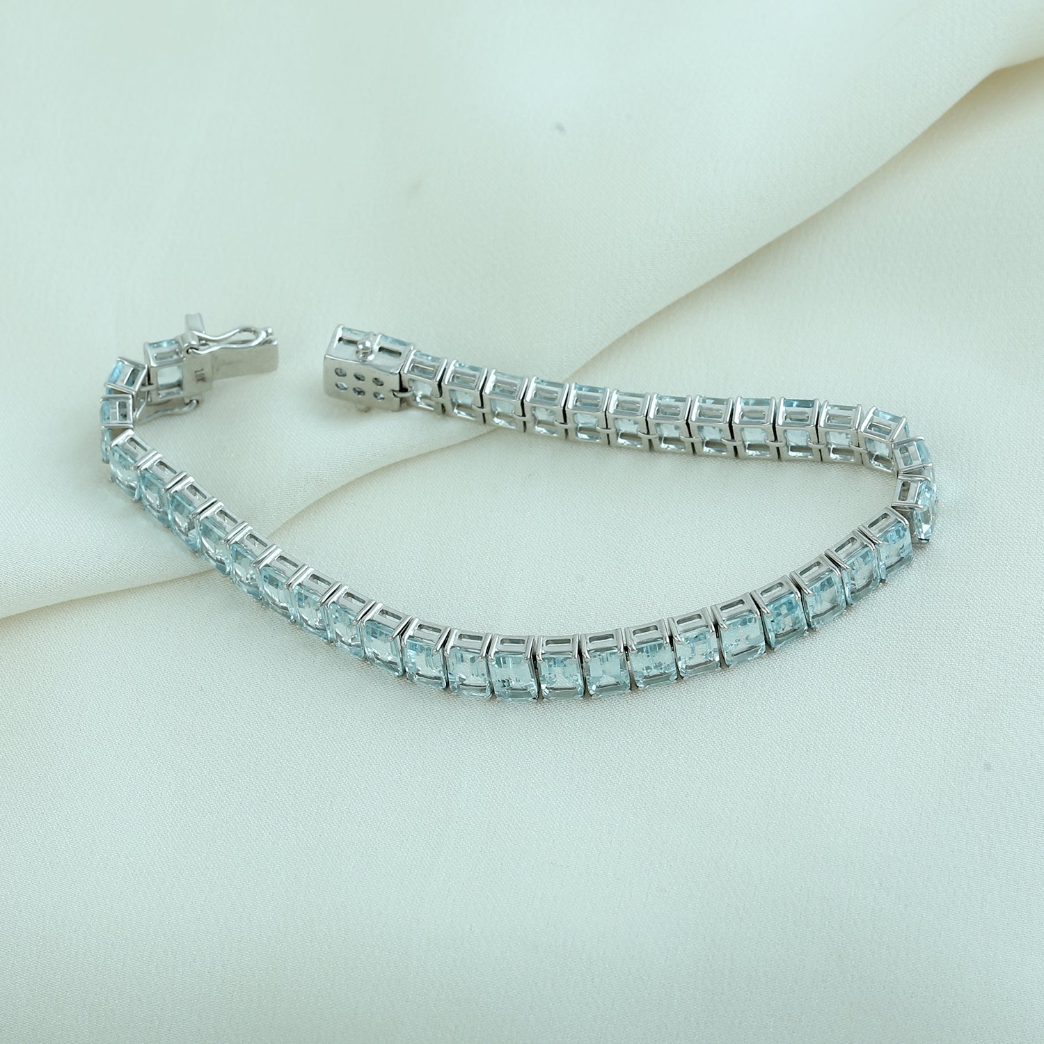 18k White Gold Channel Set Aquamarine Flexible & Fixed Bracelet - Elegant Jewelry Gift for Women, Perfect for Weddings, Anniversaries & Special Occasions