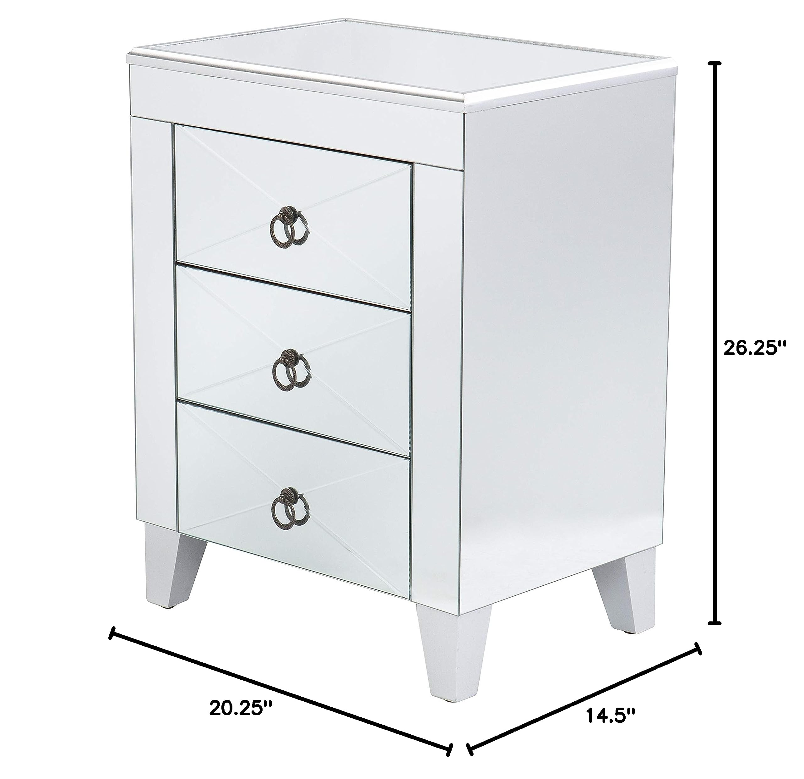 SEI Furniture Cresheim Silver Mirrored End Table with Drawers - Elegant Nightstand for Bedroom, Living Room, or Entryway Décor
