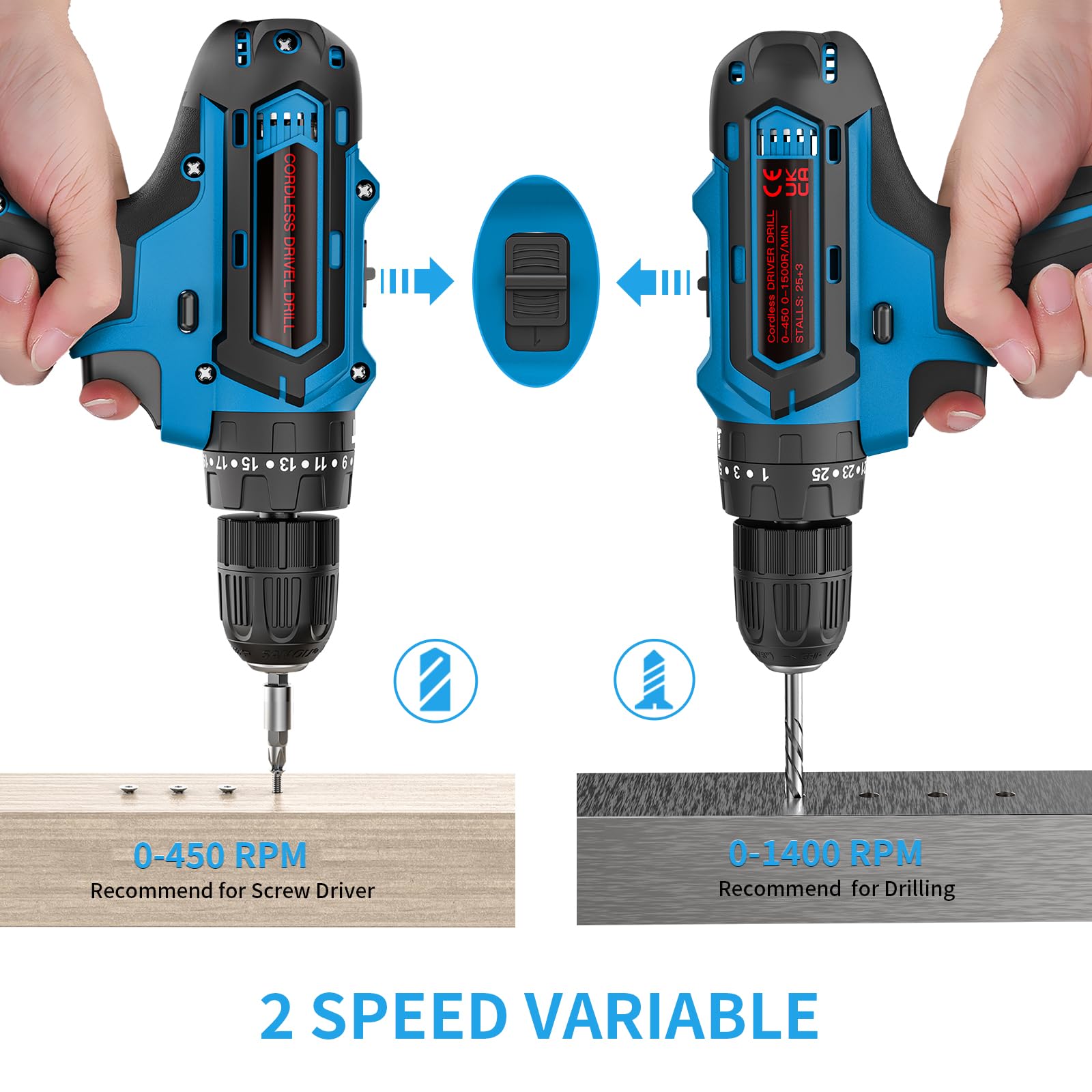 21V Cordless Power Drill Set with 2 Batteries & Charger - 25+3 Torque Settings, 3/8